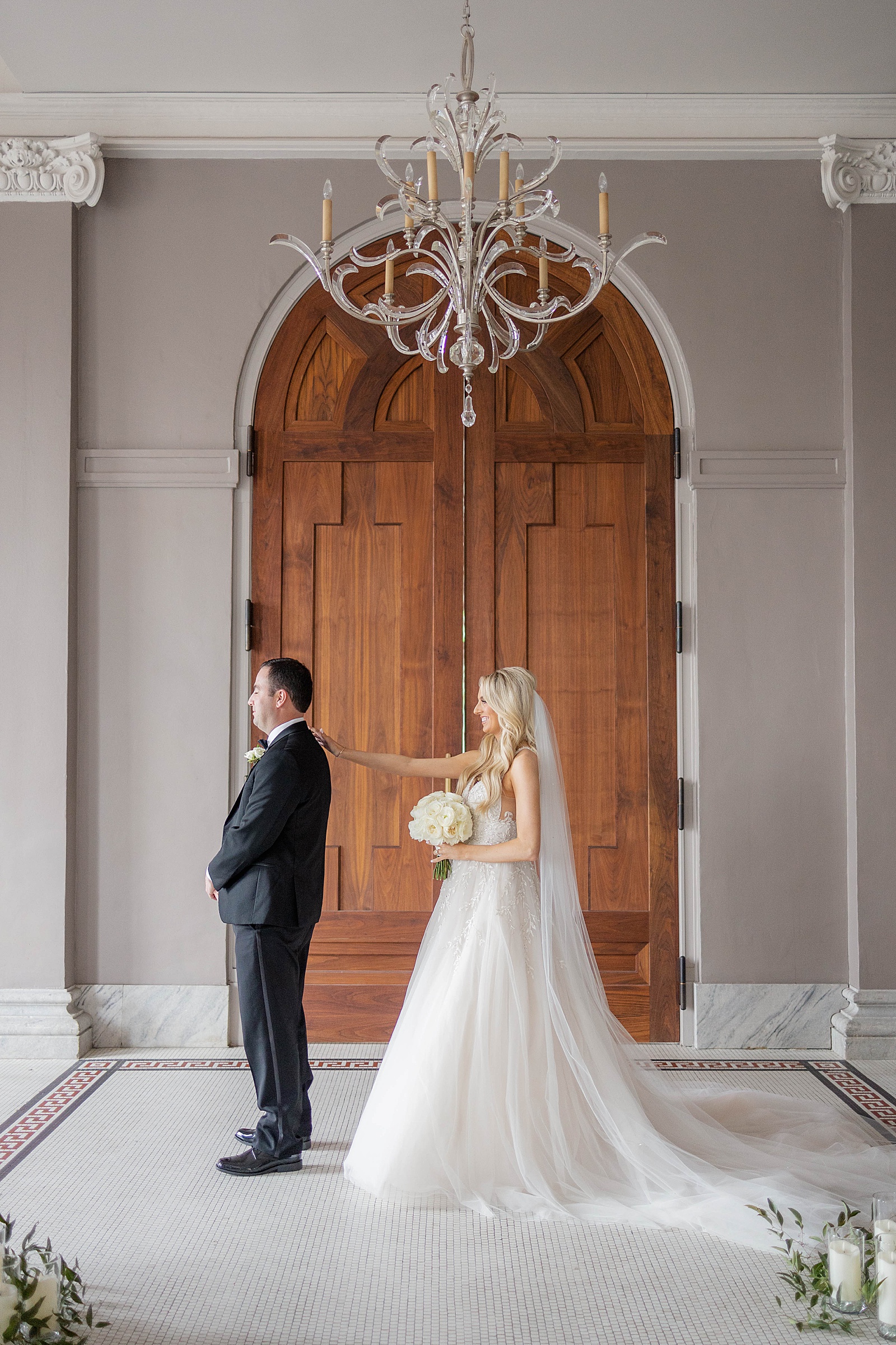 bride and groom doing first look at The Georgian Hall wedding venue in Athens, Georgia
