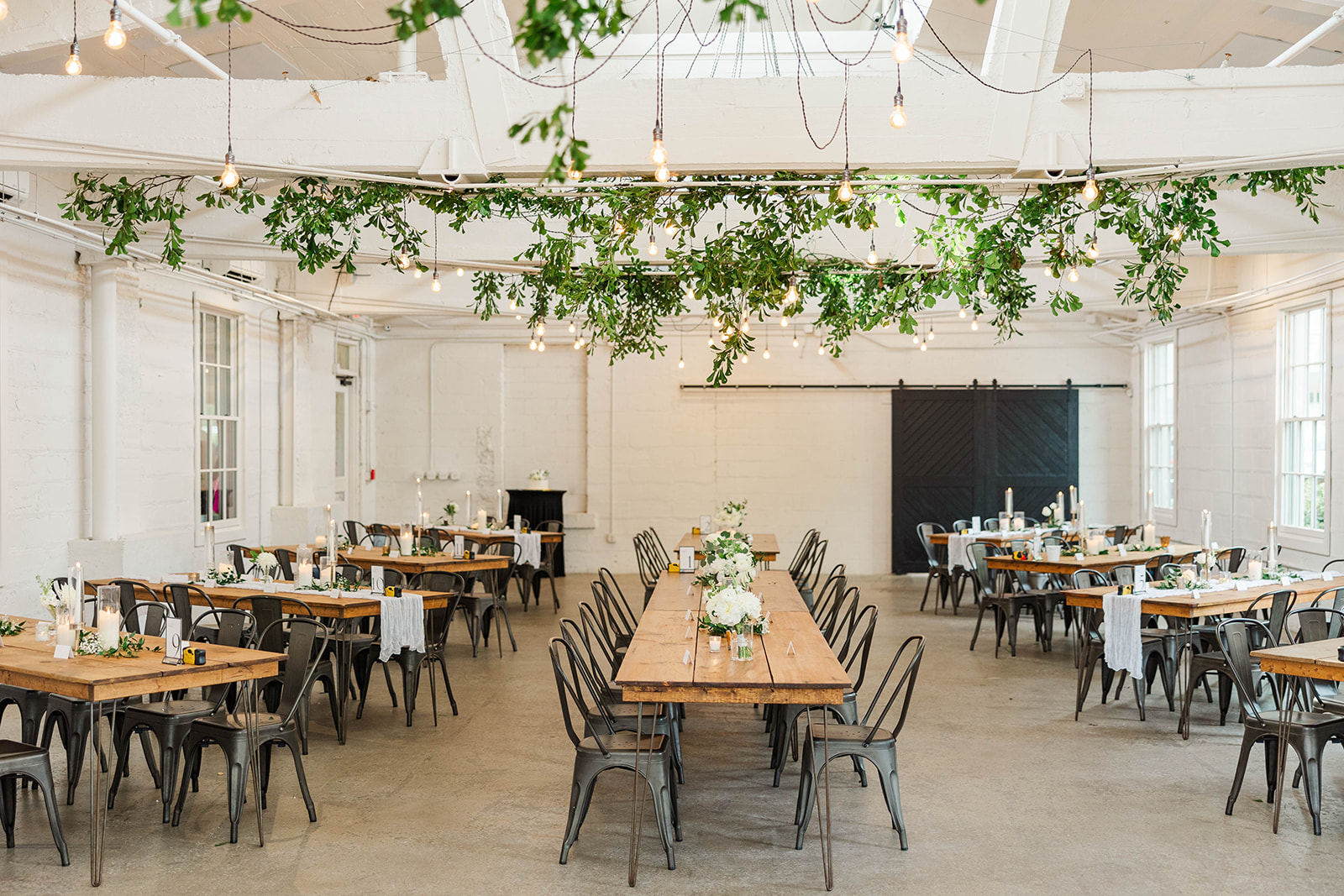Details of an Upstairs Atlanta Wedding reception set up with white linens