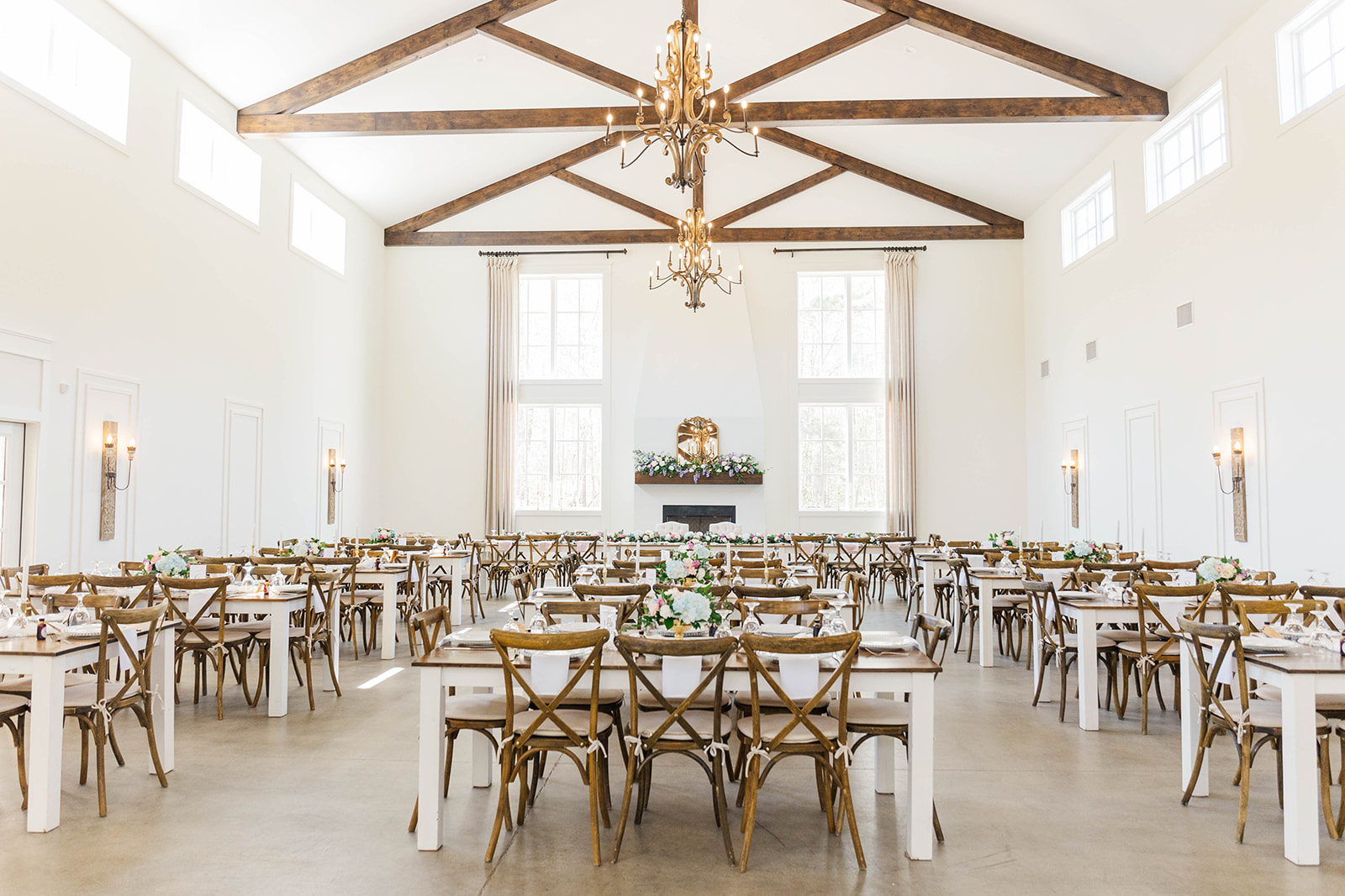 Details of the set up White Fox Cottage reception hall with wooden chairs
