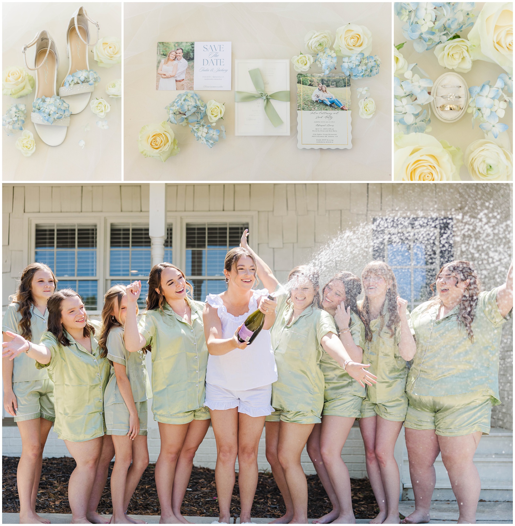 A bride pops champagne bottle with her bridesmaids all in pajamas with wedding details