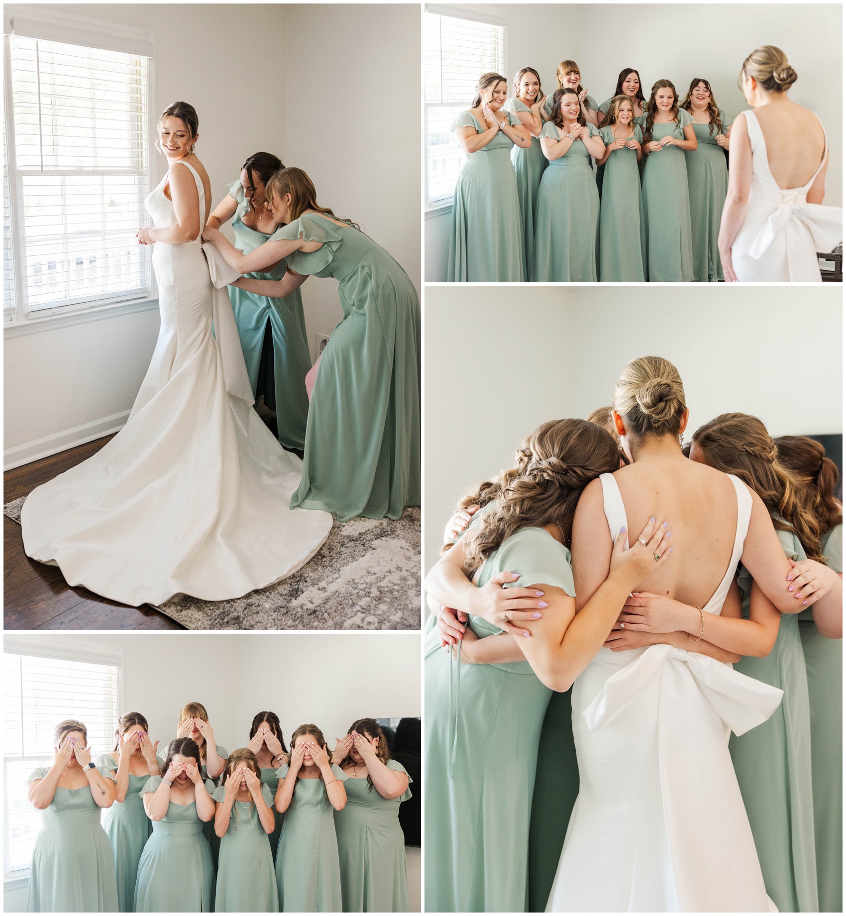 A bride is helped by her bridesmaids into her dress before their first look at a Roswell Mill Club Wedding