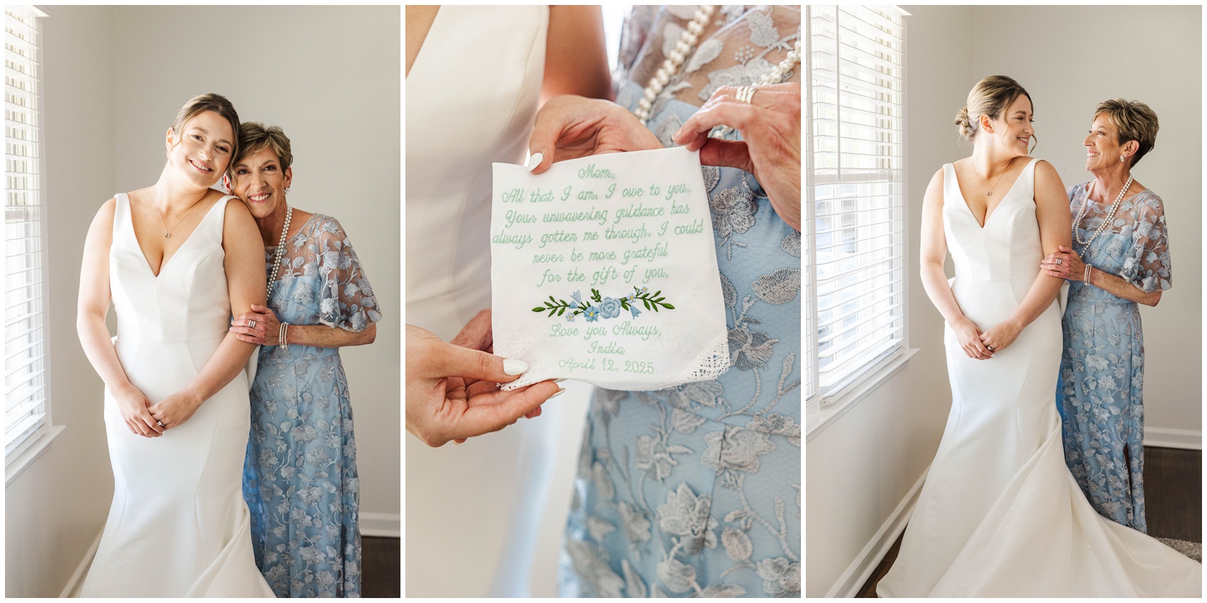 A bride gifts her mom an embroidered note while getting ready