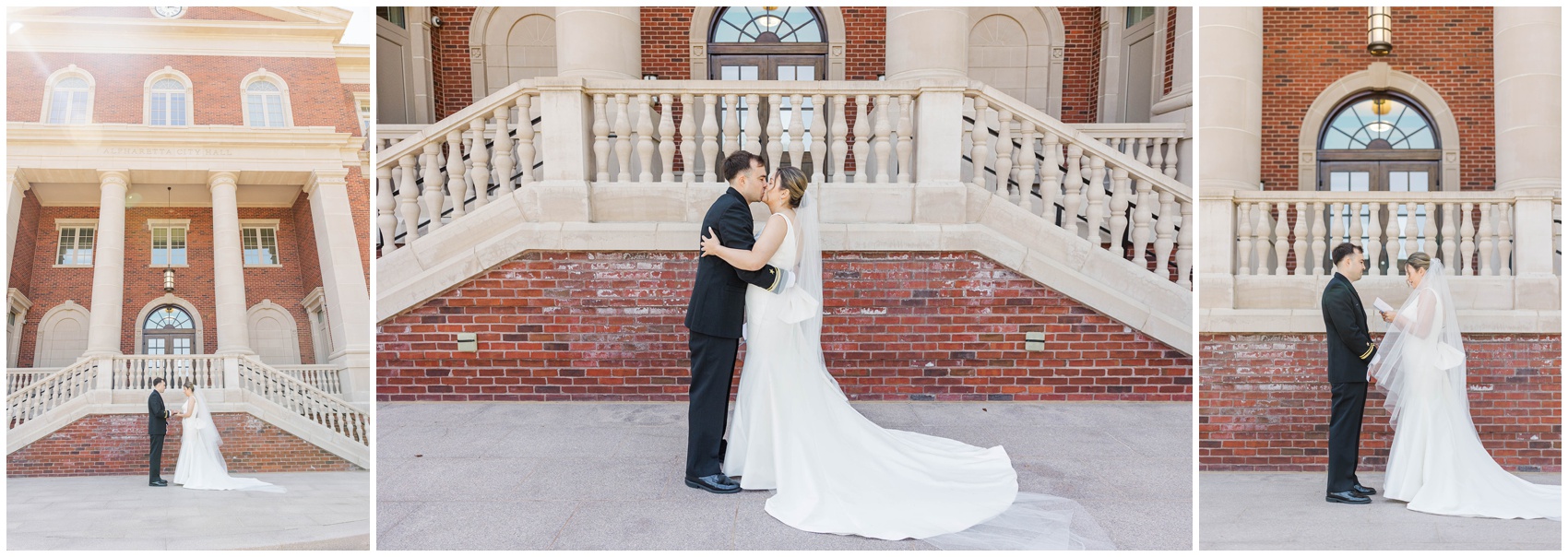 A bride and groom read notes to each other and kiss in front of City Hall