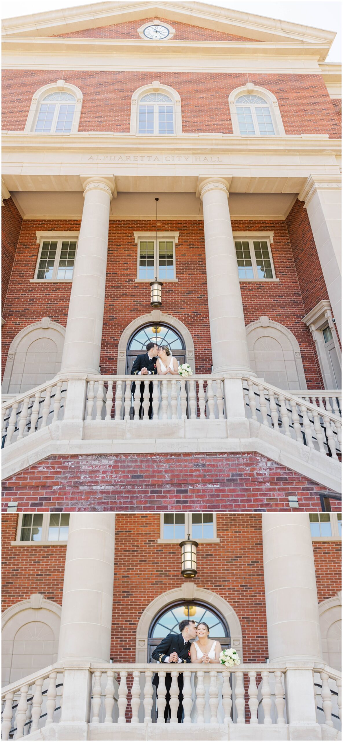 Newlyweds kiss and lean on the railings of the Alpharetta city hall building