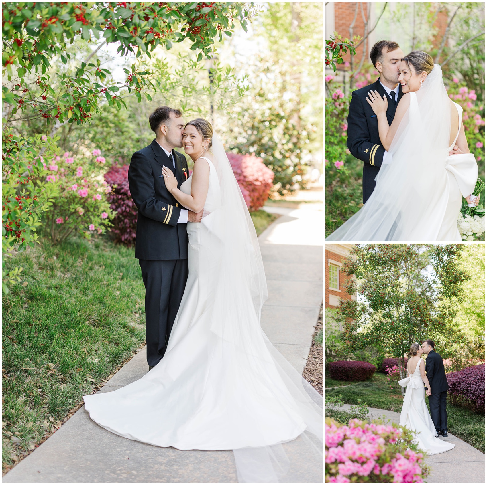 A bride and groom snuggle and kiss in the vibrant Roswell Mill Club Wedding venue gardens
