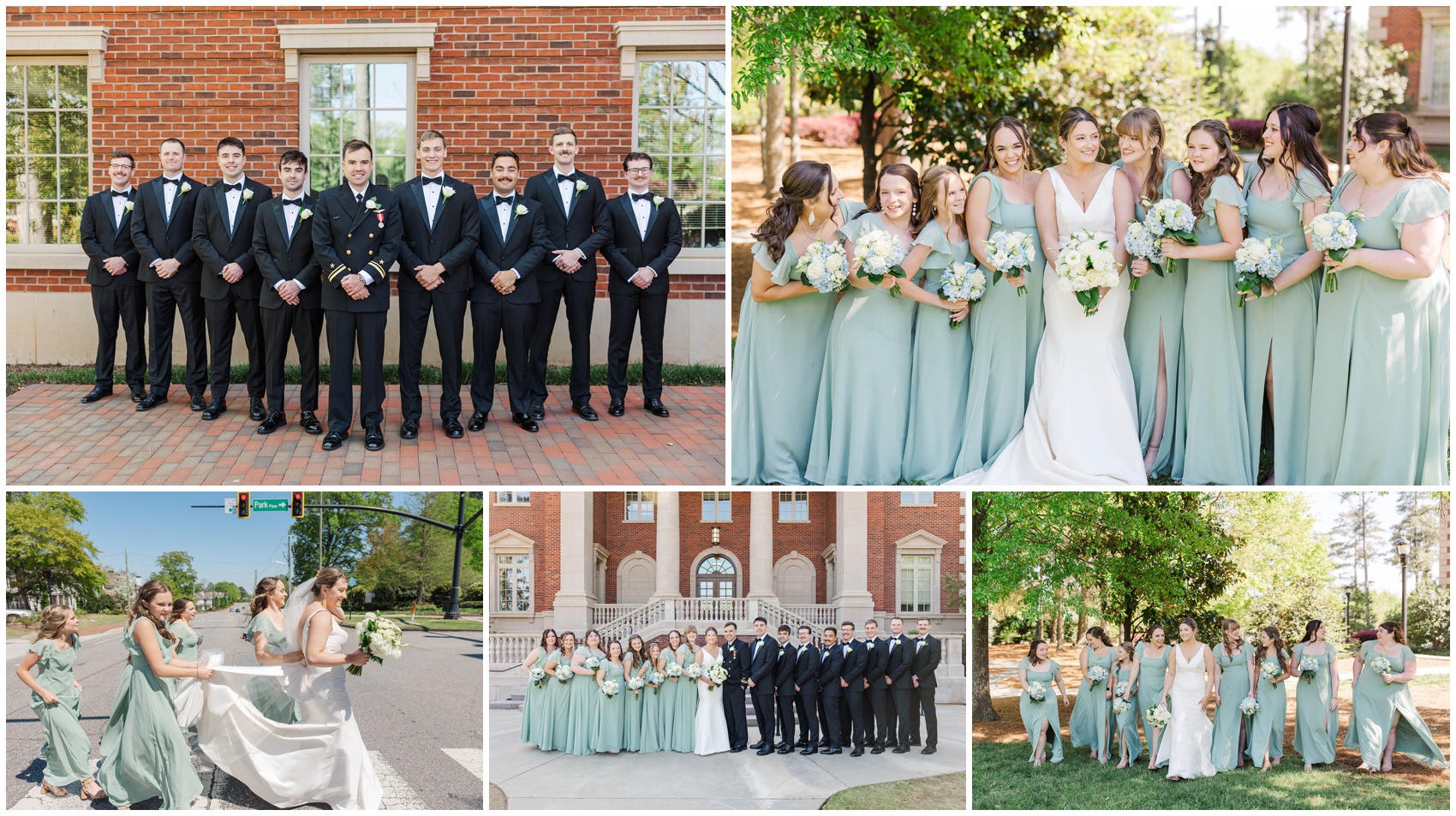 A collage of the bride and groom around the Roswell Mill Club Wedding venue grounds with their respective wedding parties