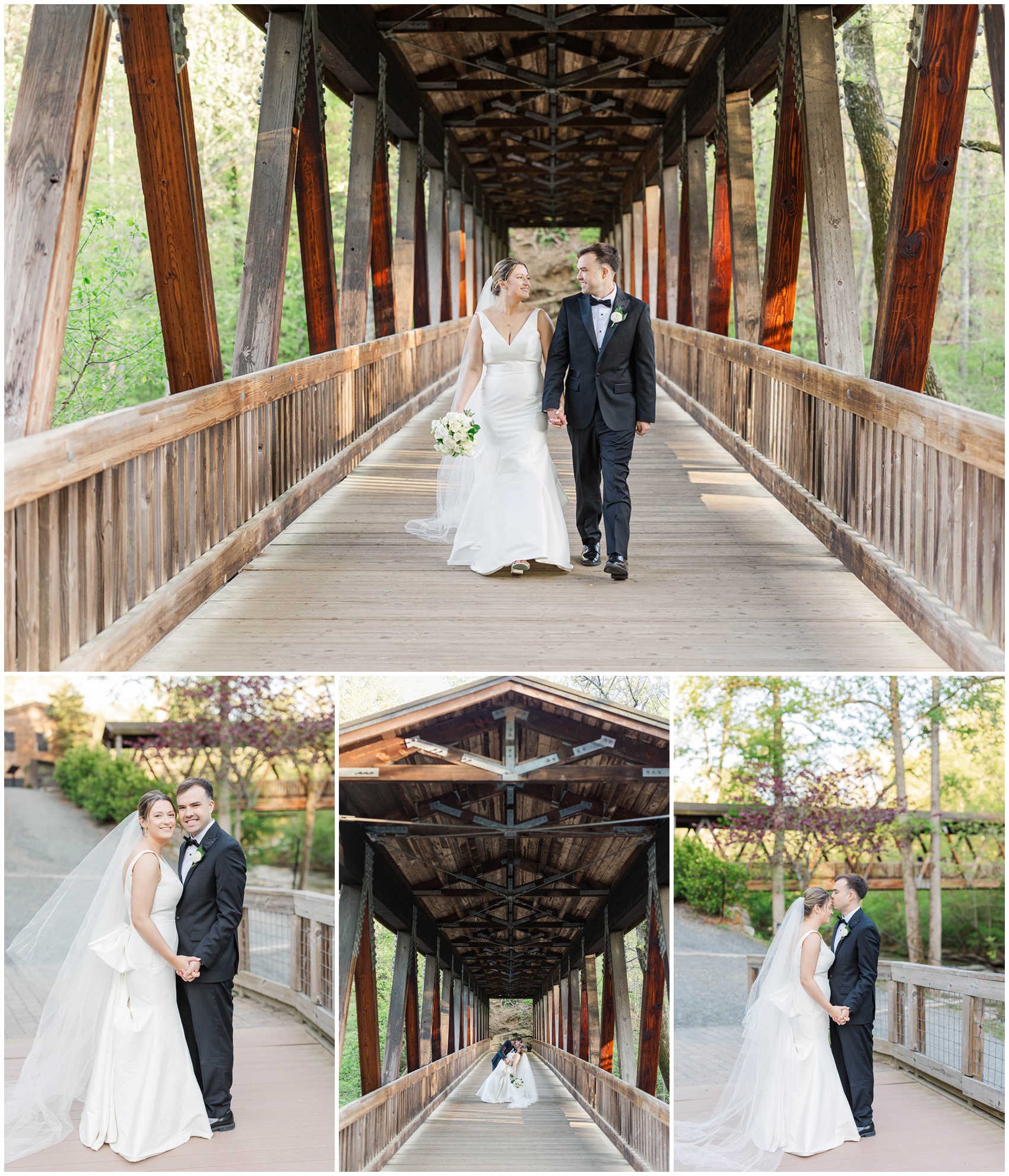 Newlyweds walk and kiss on the historic Roswell Mill Club Wedding venue bridge over the river