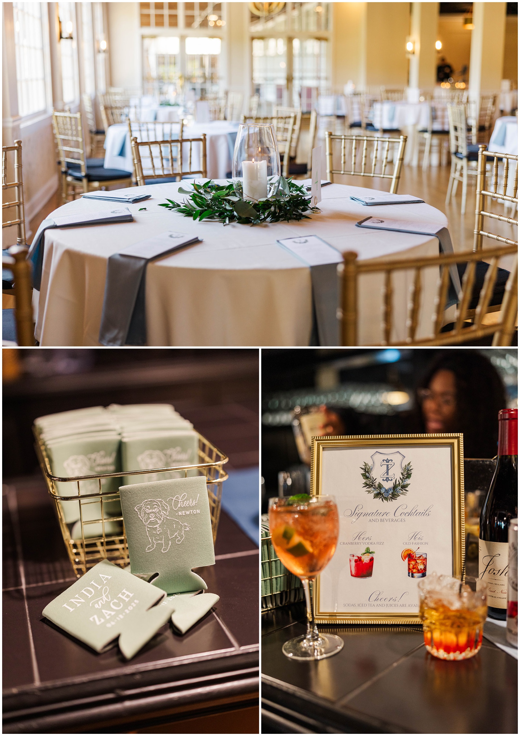 Details of a Roswell Mill Club Wedding venue set up with custom drinks, cozies and gold chairs