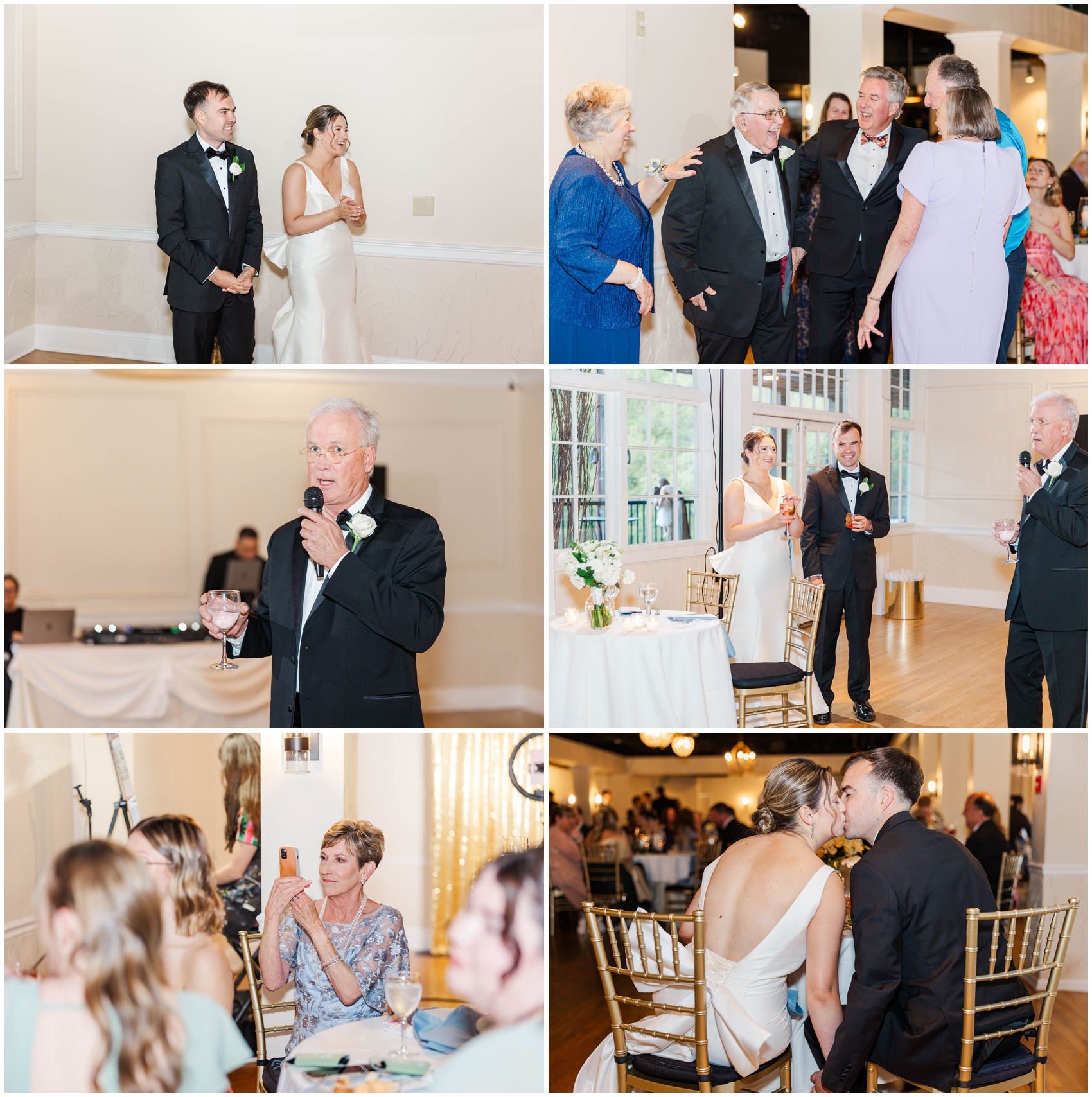 A collage of moments from the toasts of a Roswell Mill Club Wedding reception