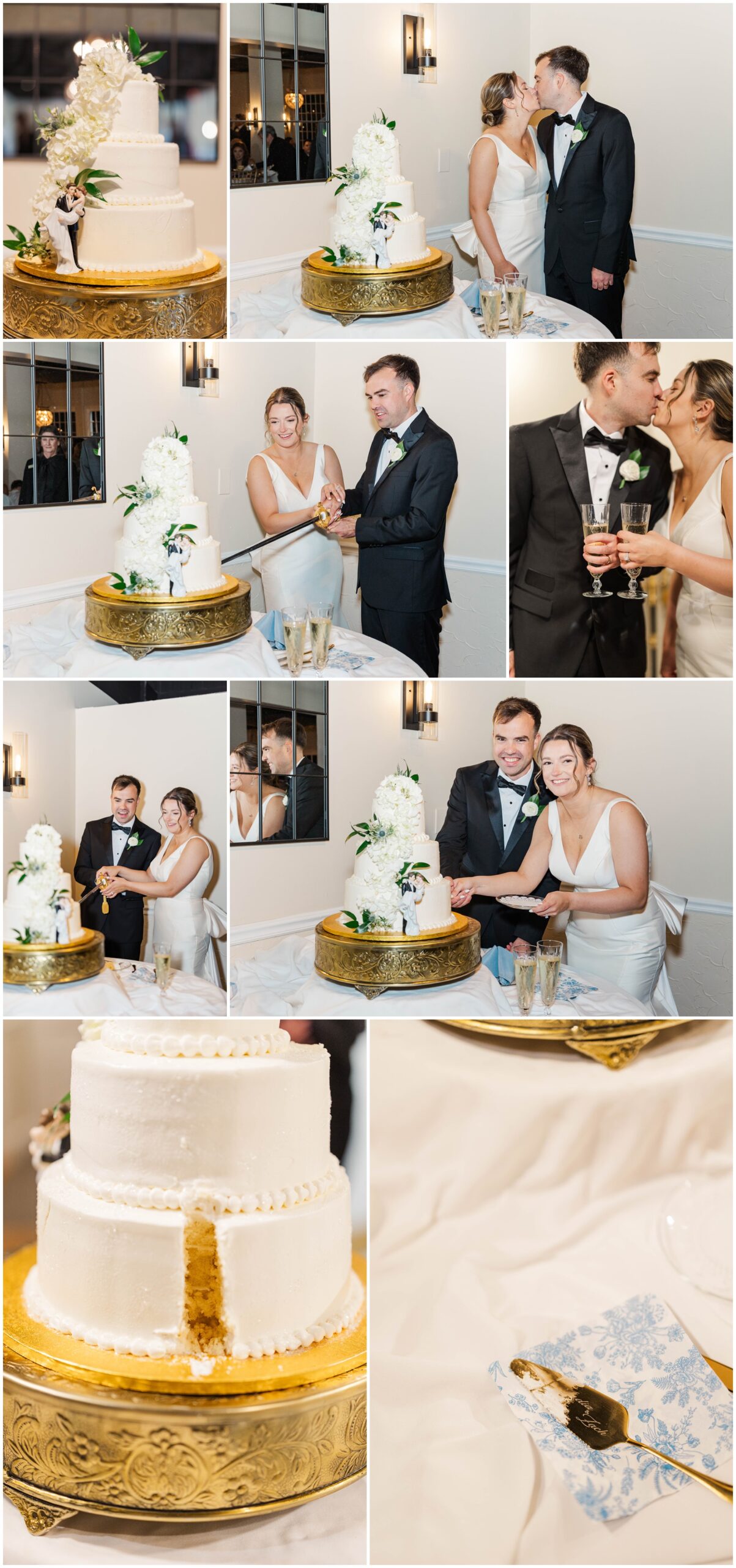 A bride and groom cut the cake with a sword, kiss with champagne and details of the cake in a collage