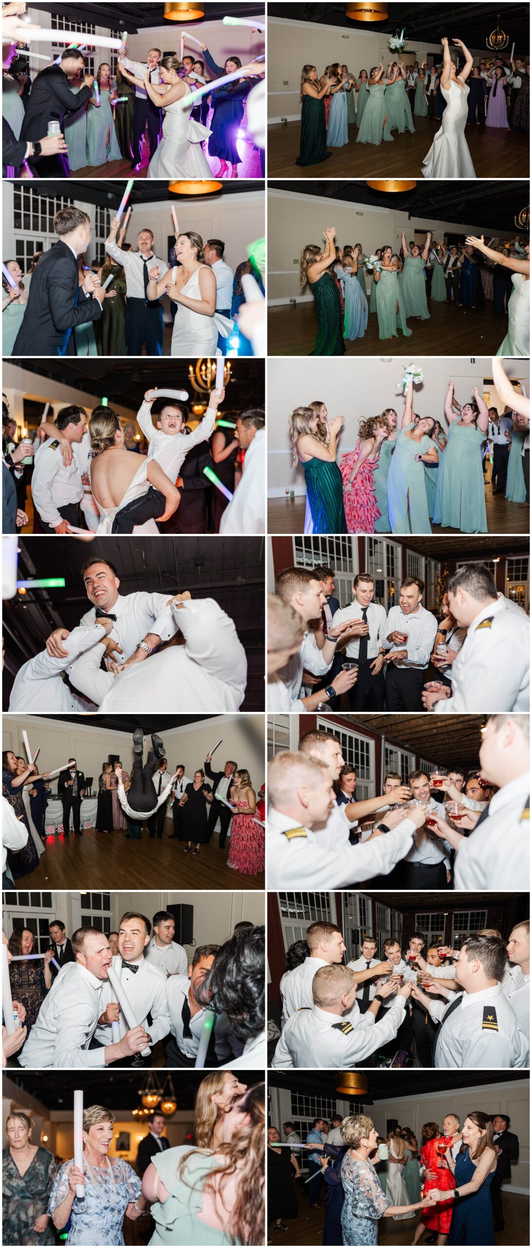 A collage of guests and the bride and groom dancing at a Roswell Mill Club Wedding reception