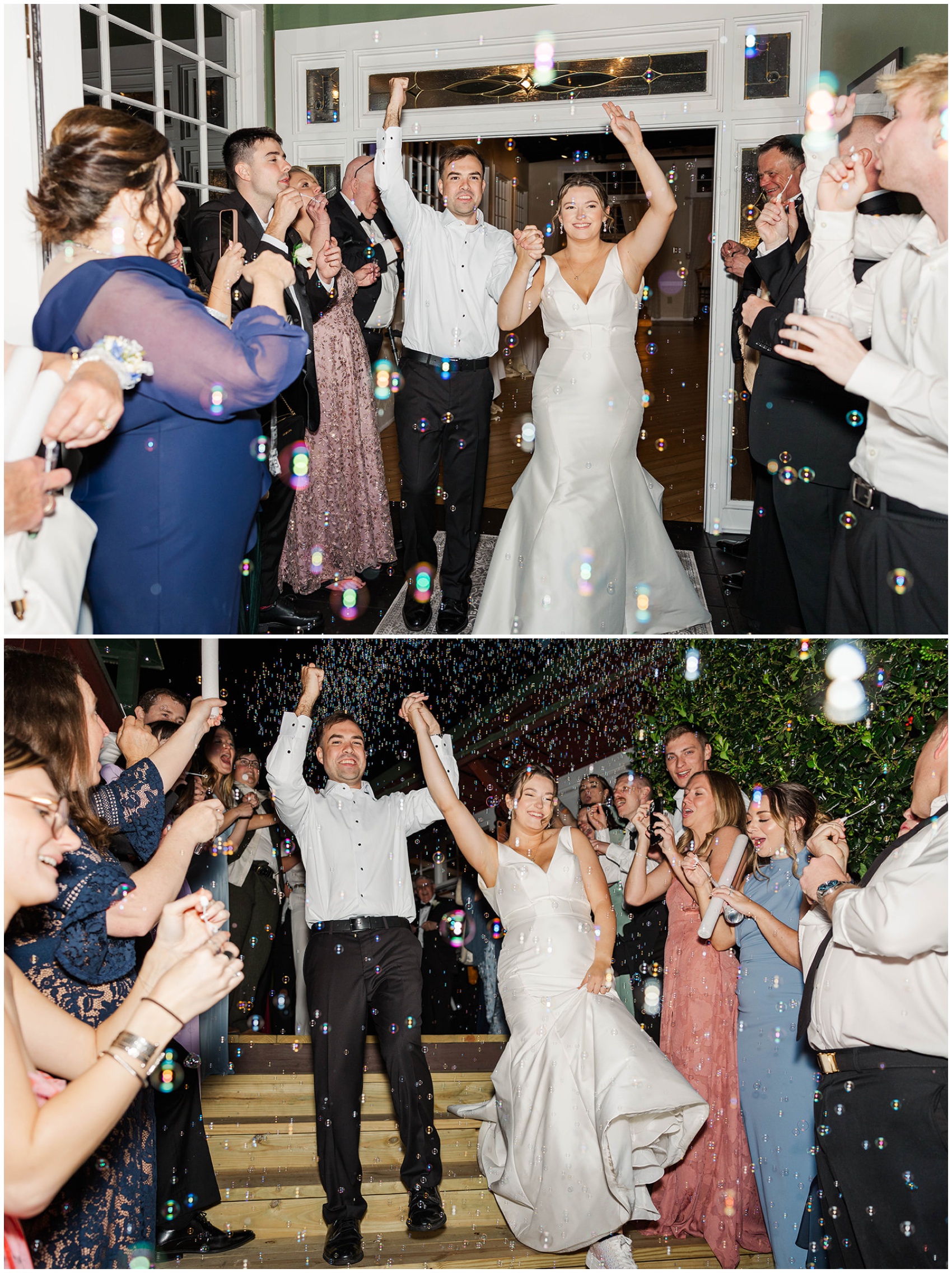 A bride and groom hold hands up in the air while exiting to bubbles