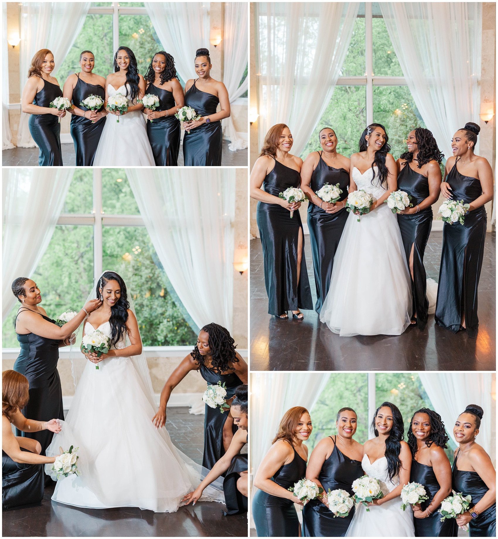 A collage of a bride getting ready with her bridesmaids in black dresses