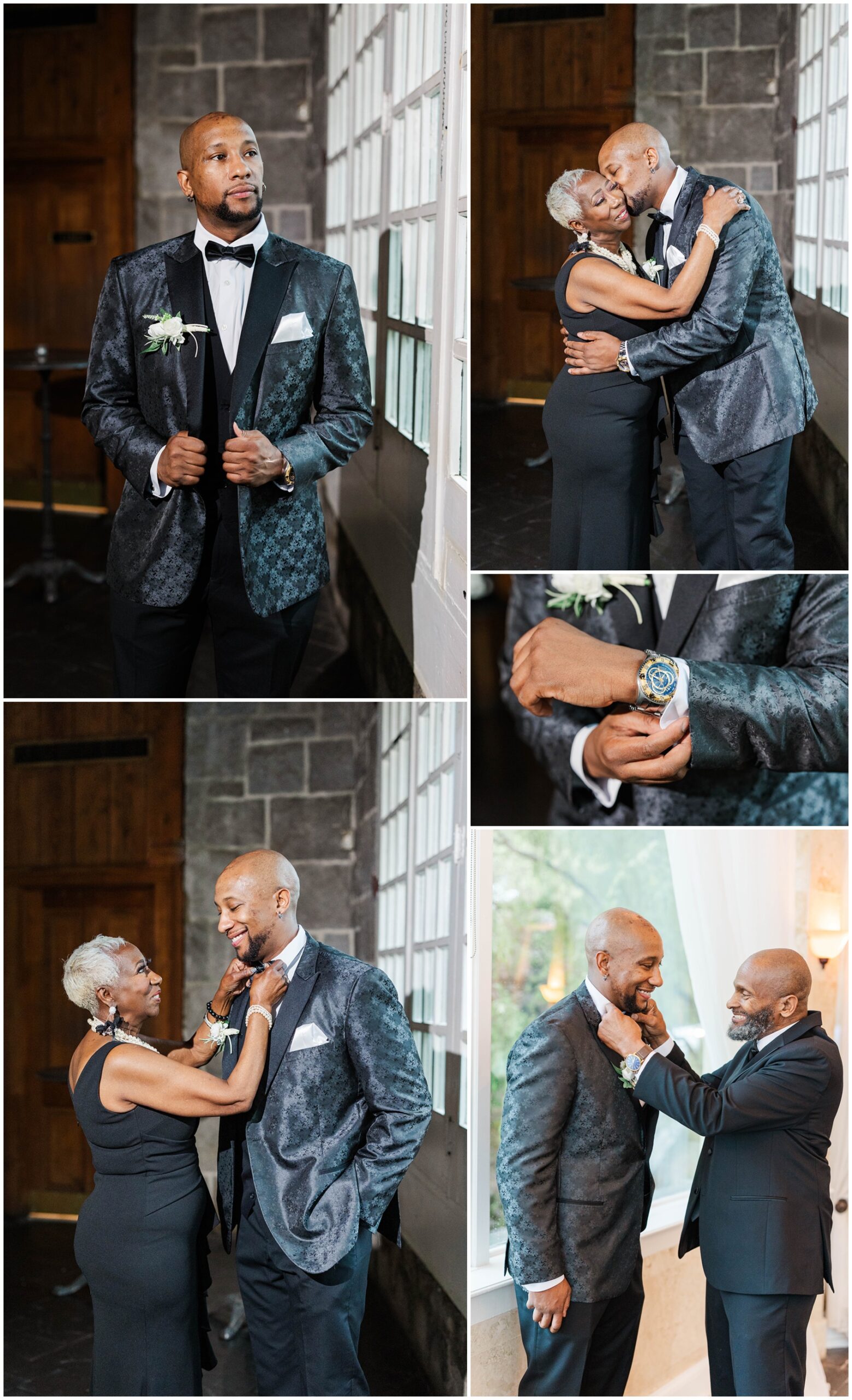 A collage of a groom getting ready with mom and dad before his Piedmont Room wedding