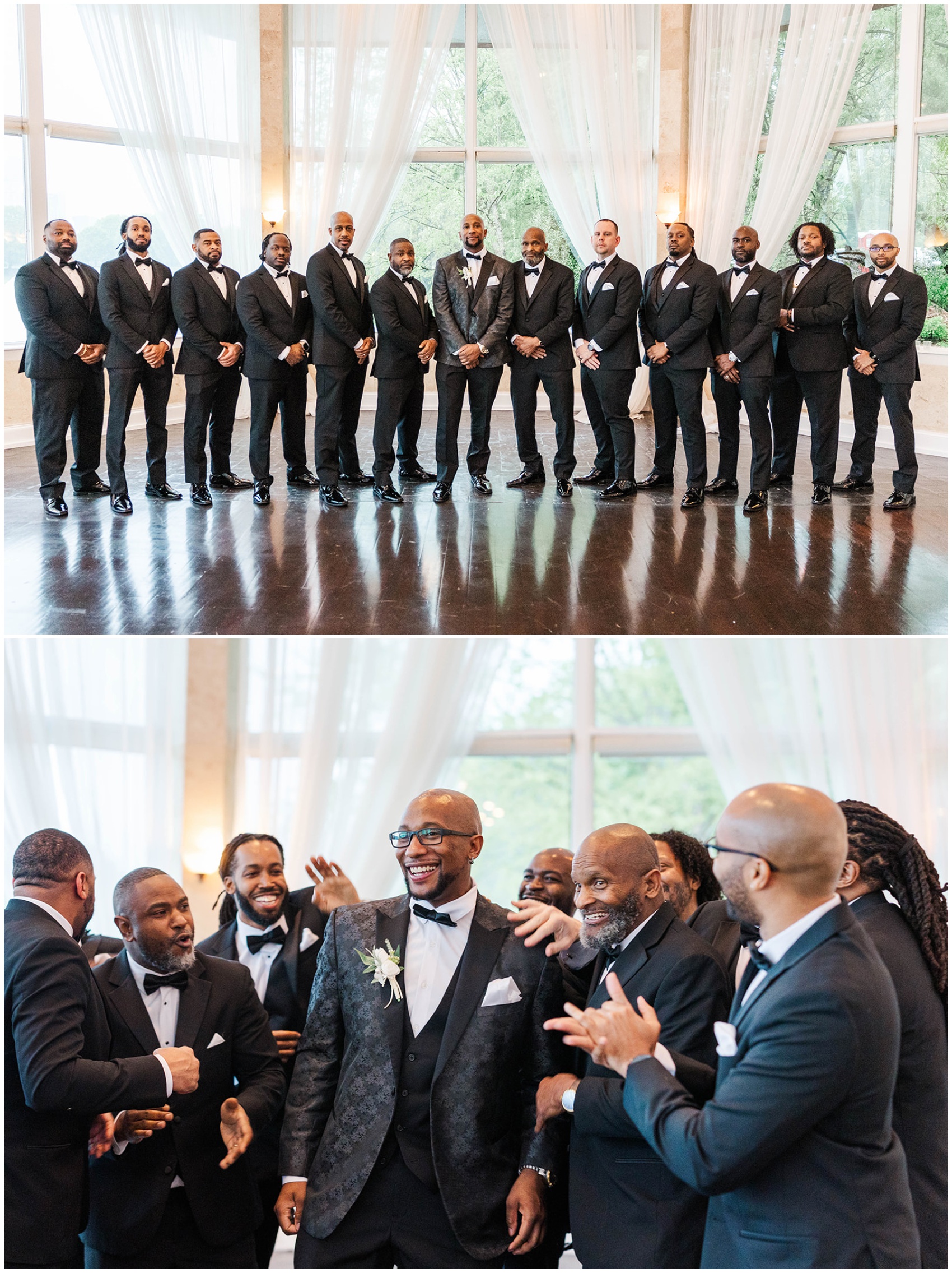A groom stands with his large wedding party in black