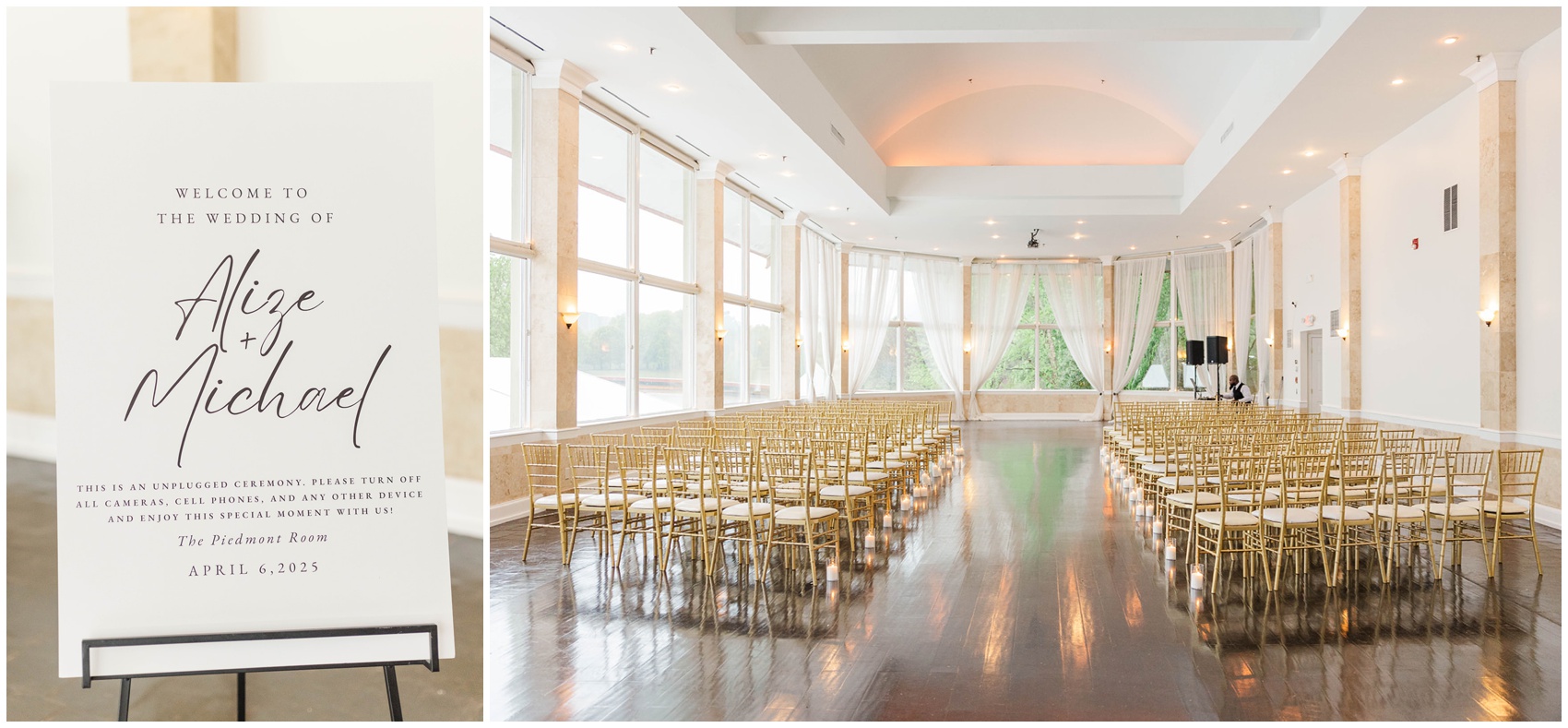 Details of a Piedmont Room wedding ceremony set up with gold chairs and welcome sign