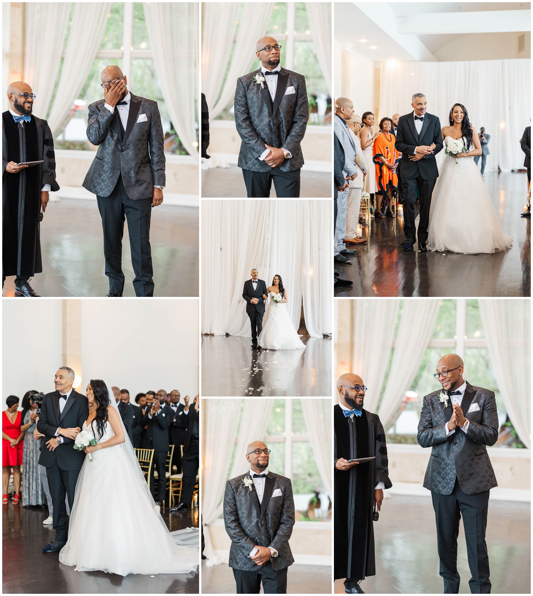 A collage of a groom waiting for his bride before his ceremony as she walks the aisle with dad