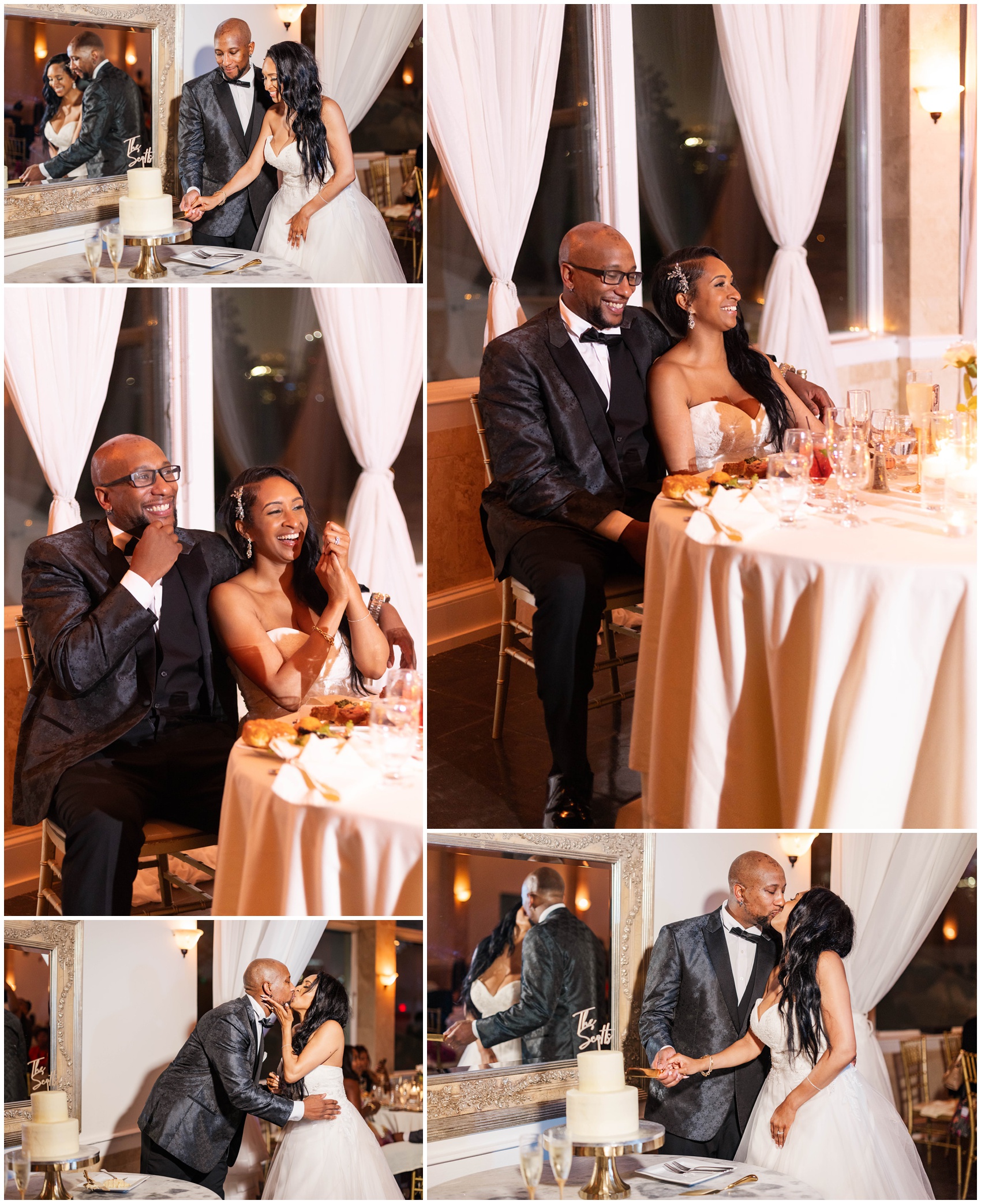 A collage of newlyweds cutting the cake and sitting for toasts at their Piedmont Room wedding