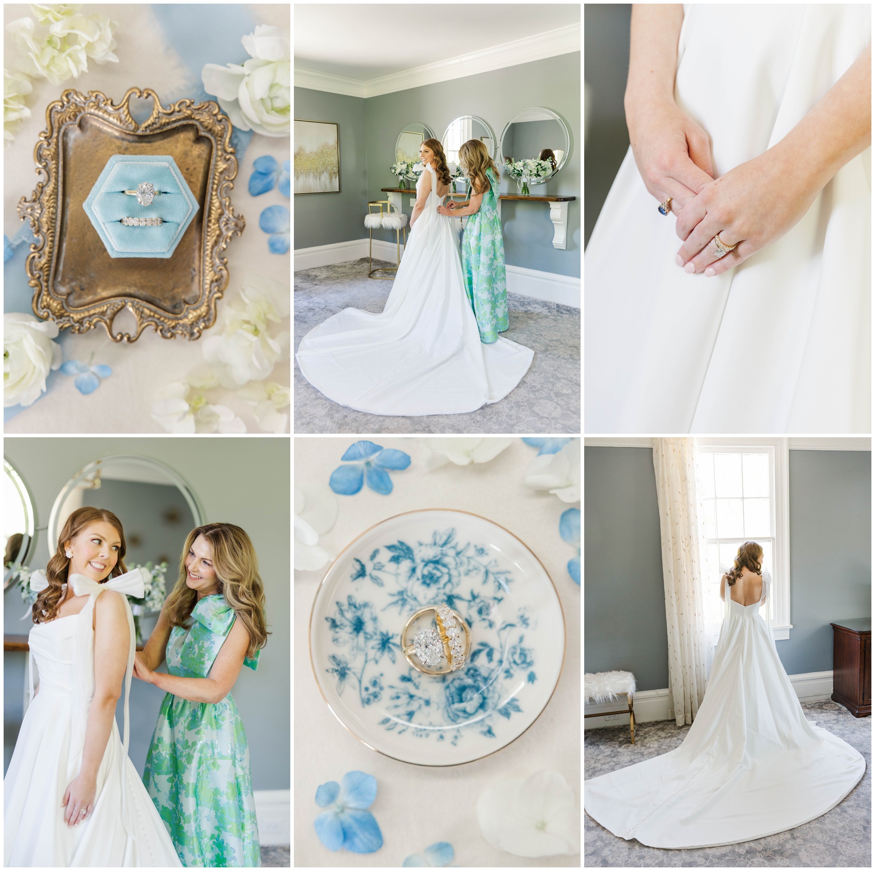 Bridal details of rings and getting ready with mom