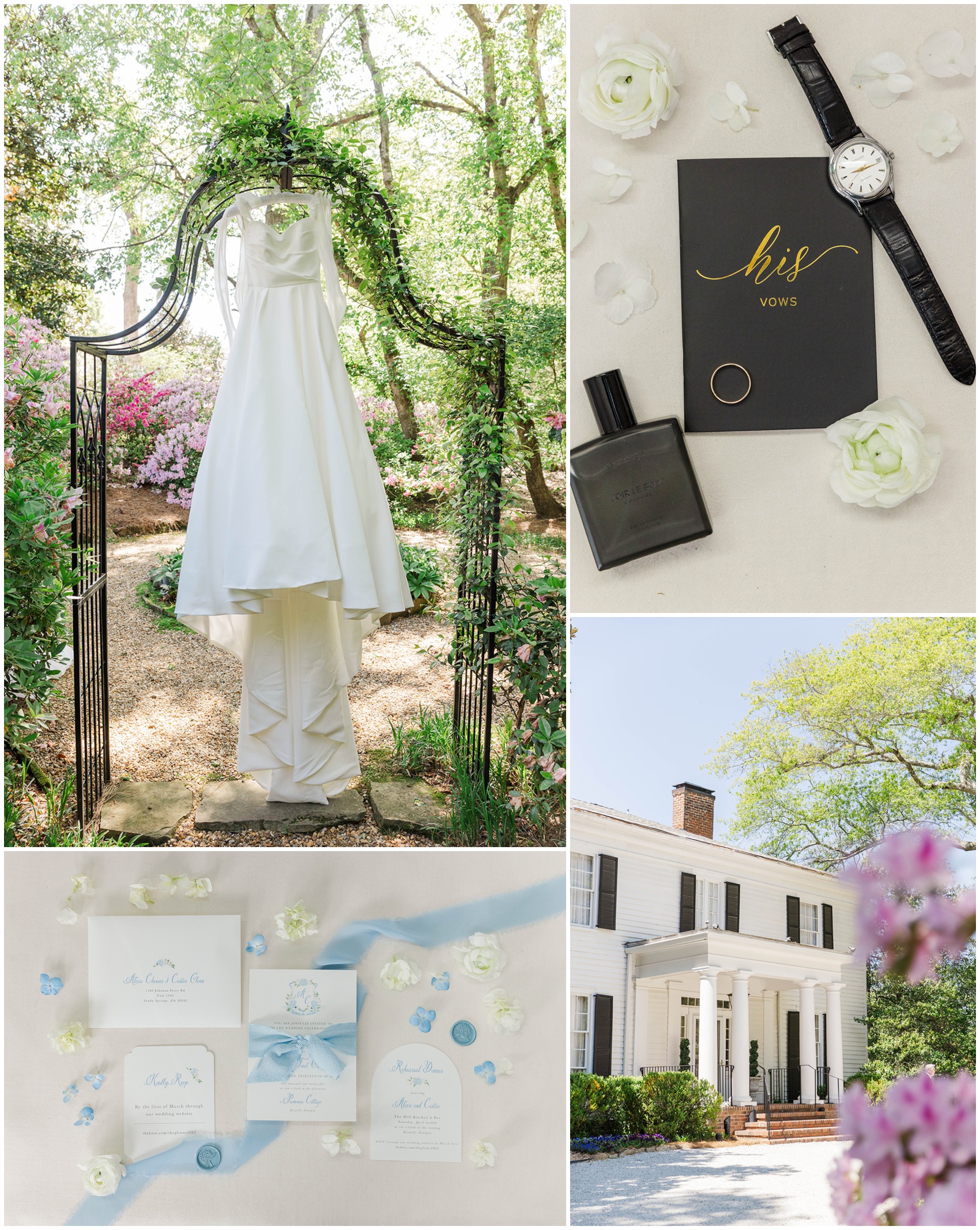 Bridal details and the dress hanging on a iron arch in the garden