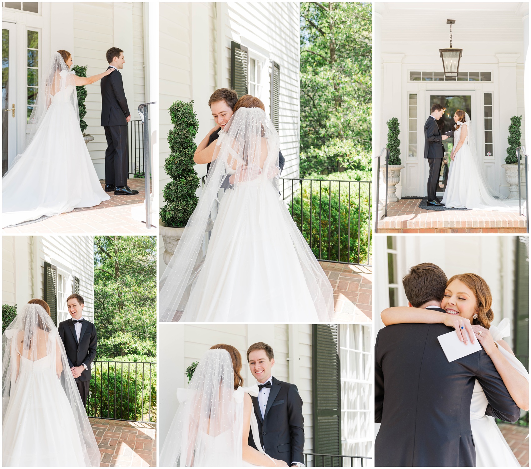 A collage of moments from the first look on the steps of a white venue