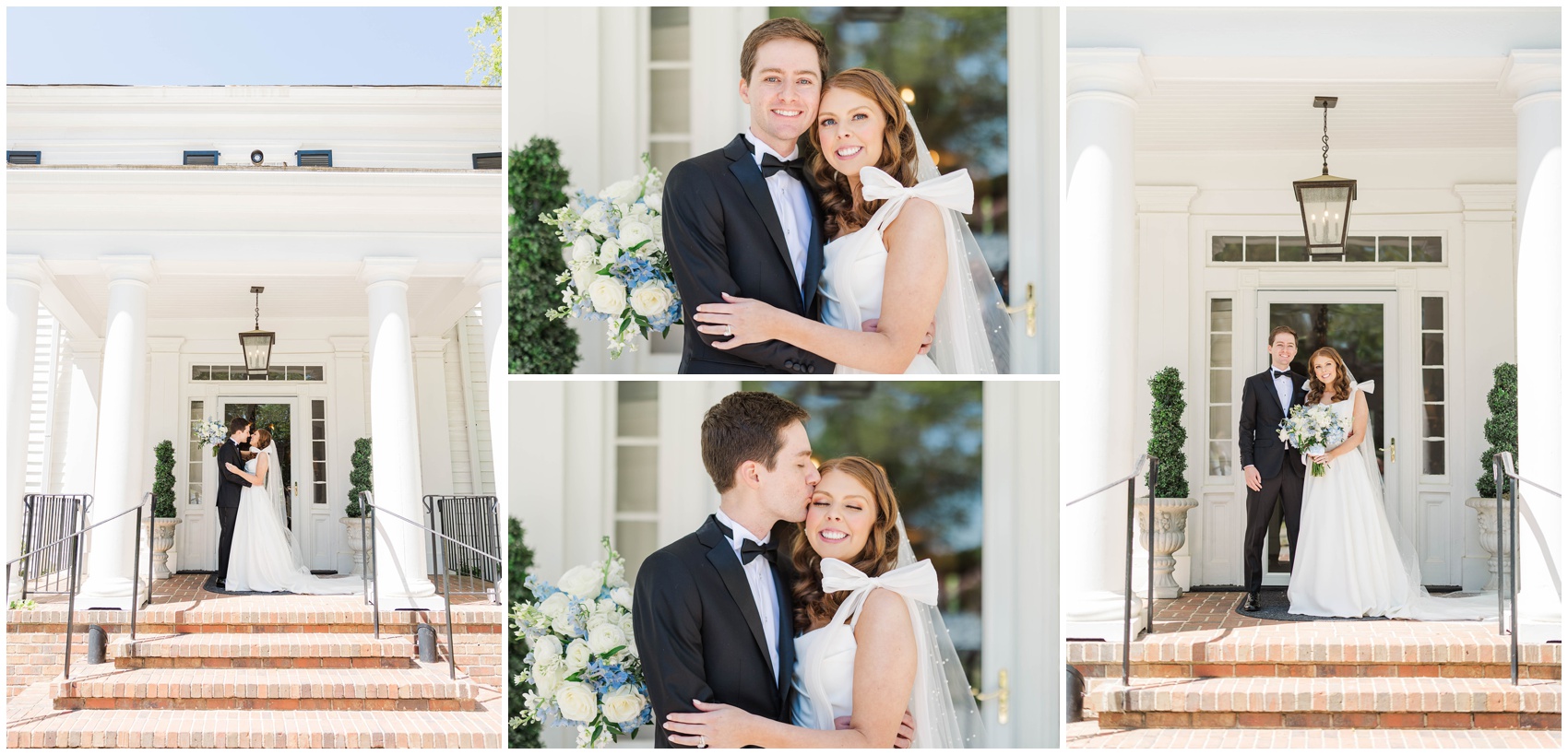 A bride and groom smile and snuggle on the steps of their colonial style venue