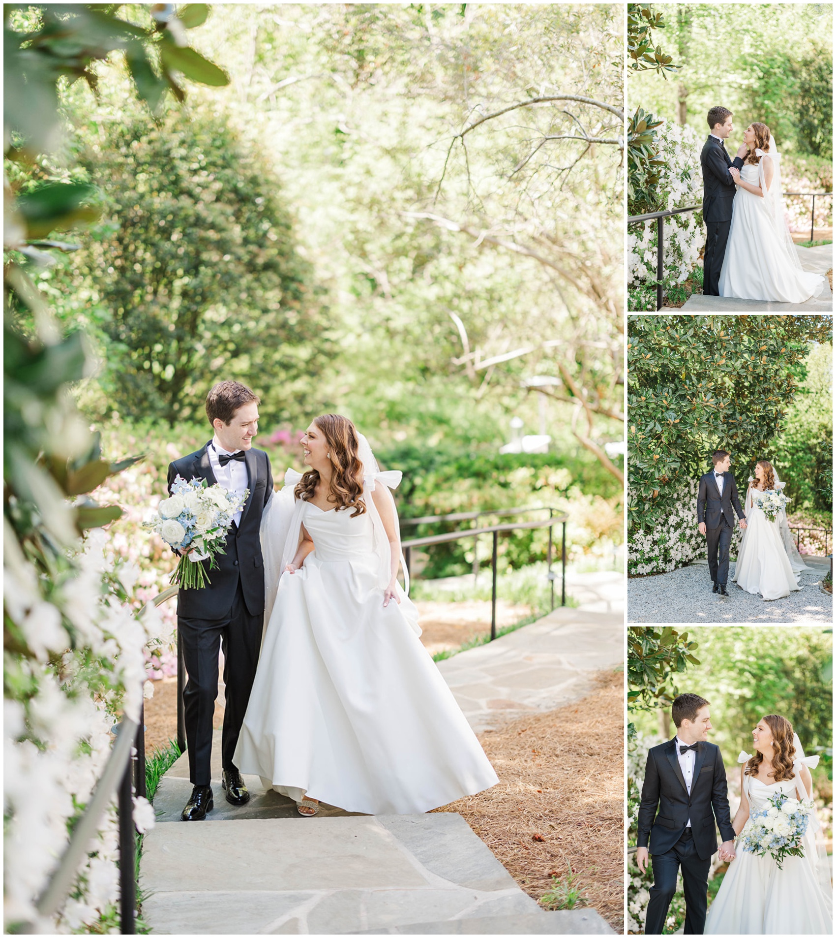 Newlyweds share a quiet walk through the Primrose Cottage wedding venue gardens holding hands and laughing