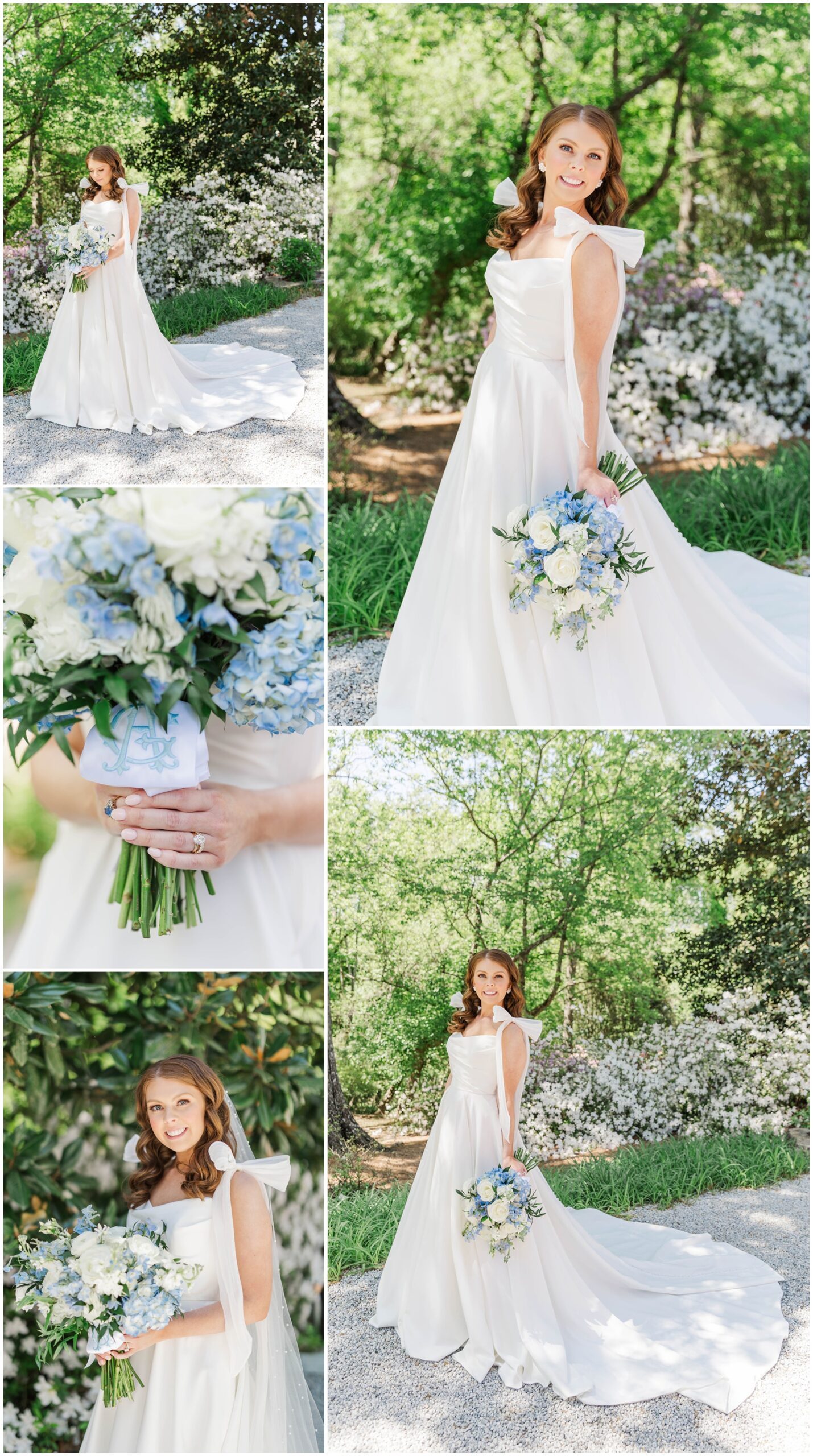 A bride smiles and holds her blue and white bouquet while walking in the Primrose Cottage wedding gardens