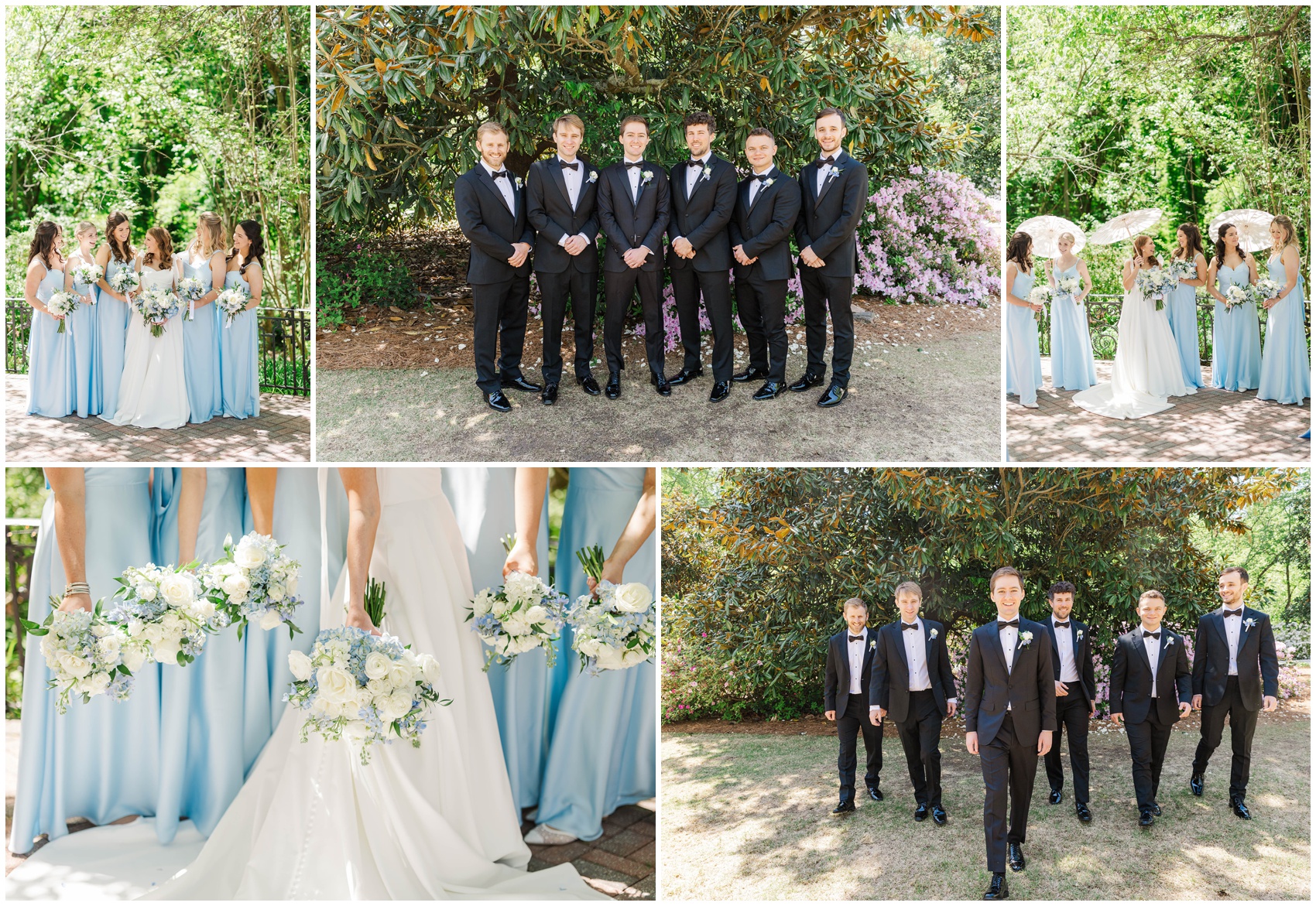 A bride and groom walk and smile with their respective wedding parties in the gardens of the Primrose Cottage wedding venue