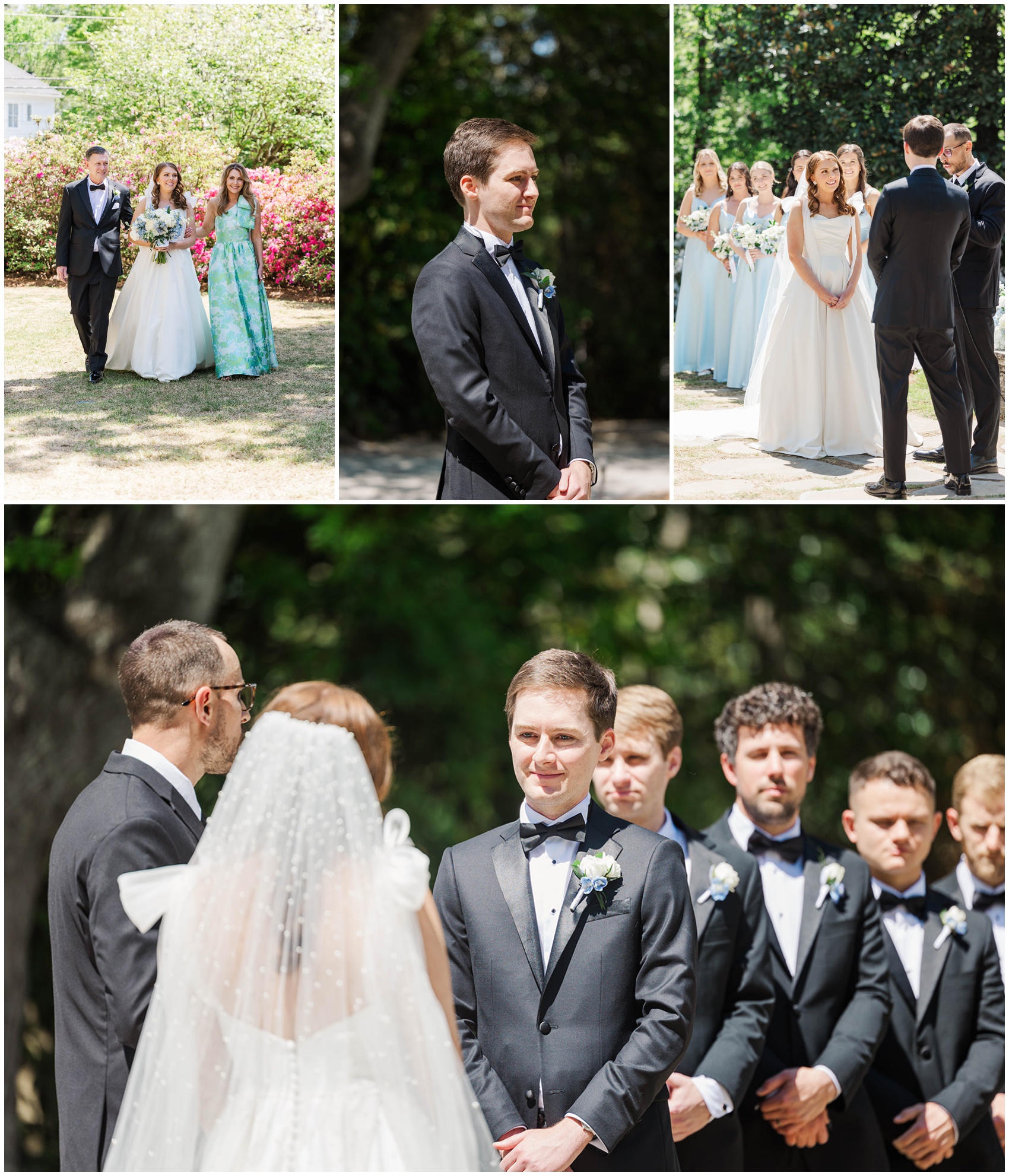A collage of the groom smiling during his wedding ceremony in a black tux