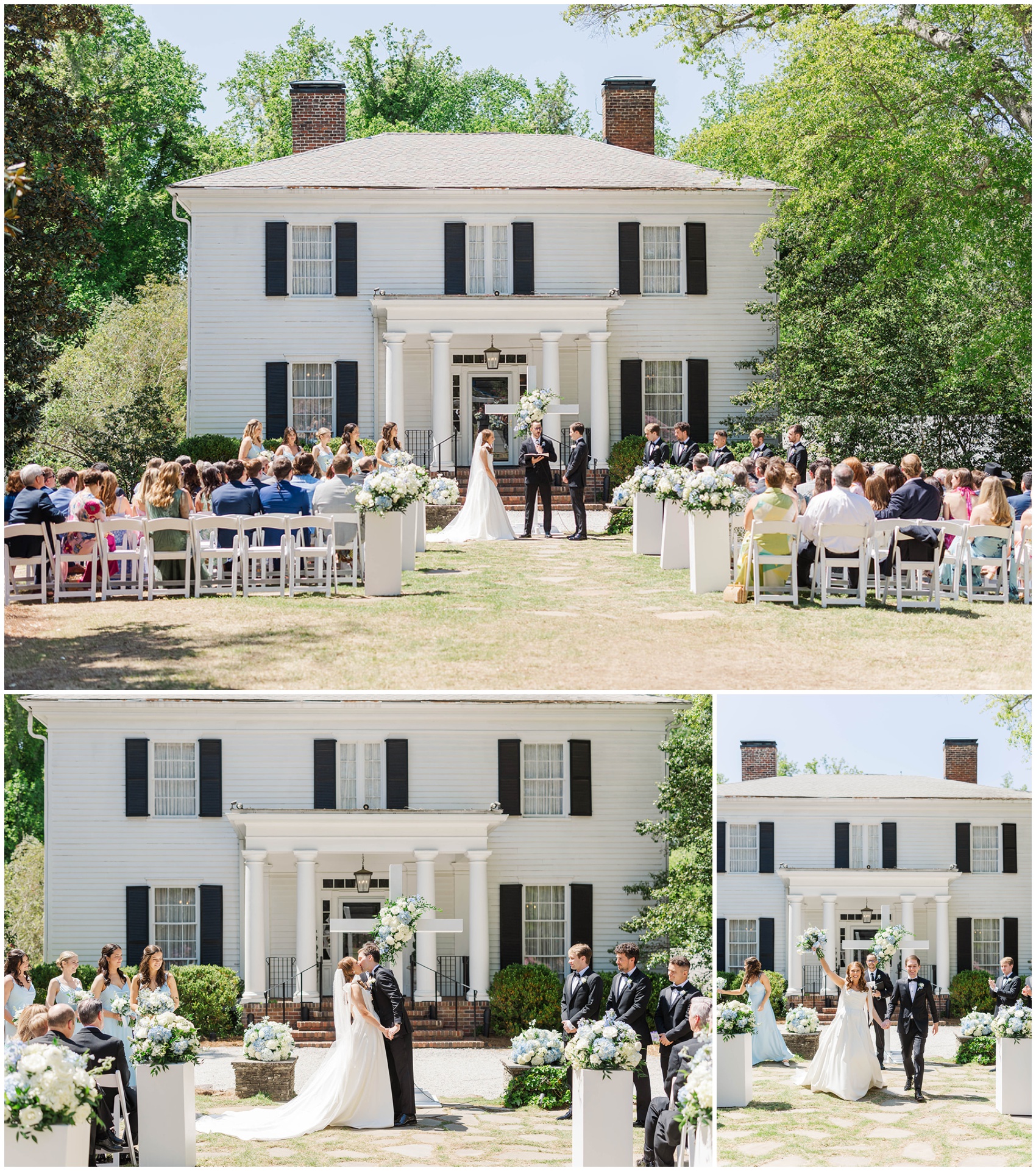 A collage of moments from a Primrose Cottage wedding ceremeony in the front lawn