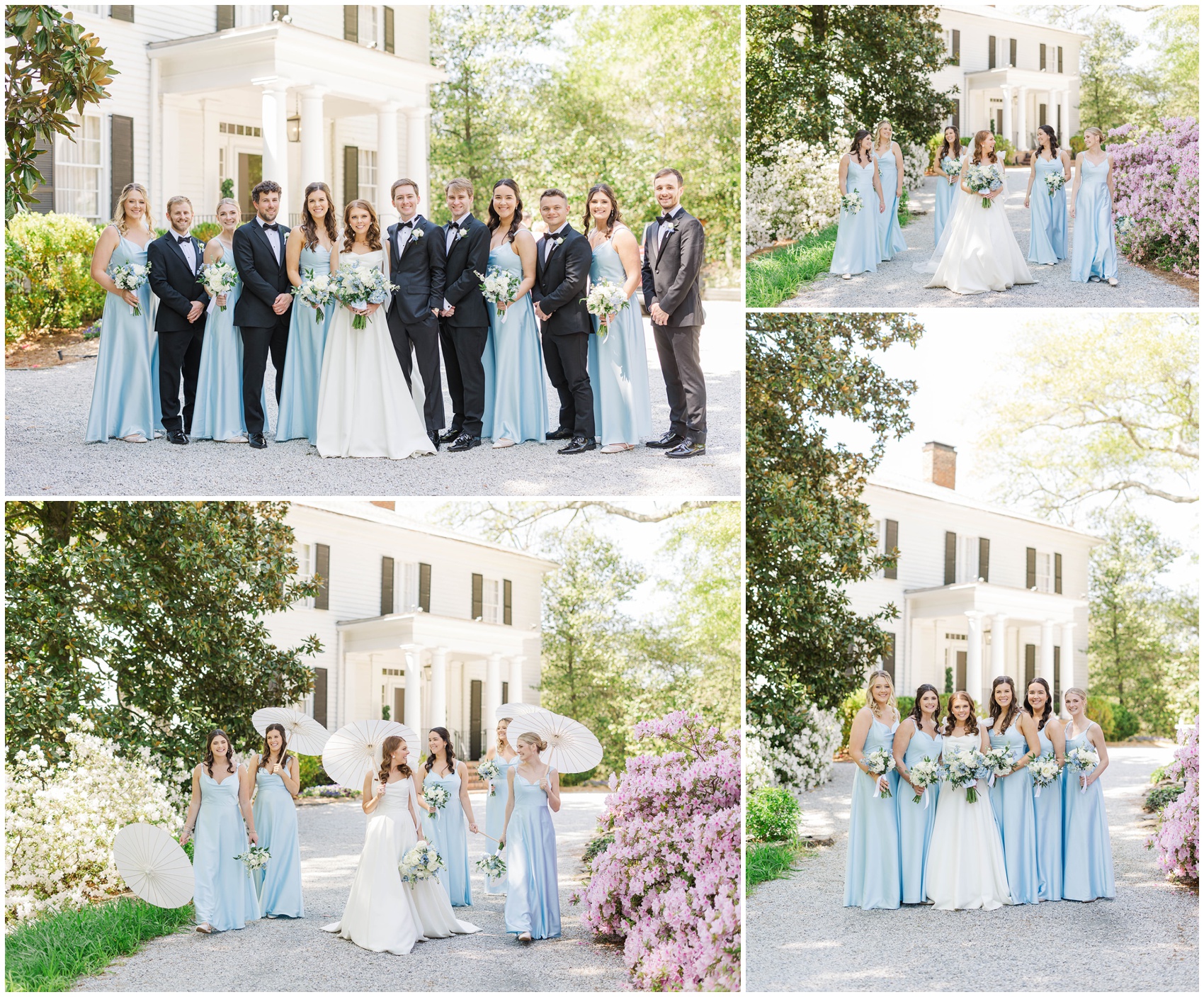 A bride explores the grounds with her bridesmaids in baby blue