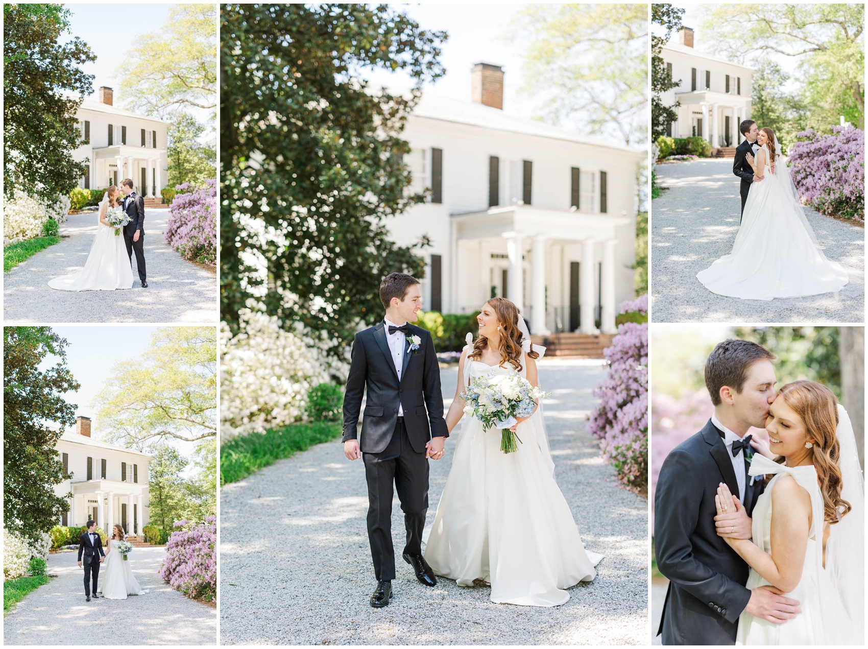 Newlyweds hold hands, dance, kiss and snuggle in the manicured driveway of the Primrose Cottage wedding venue