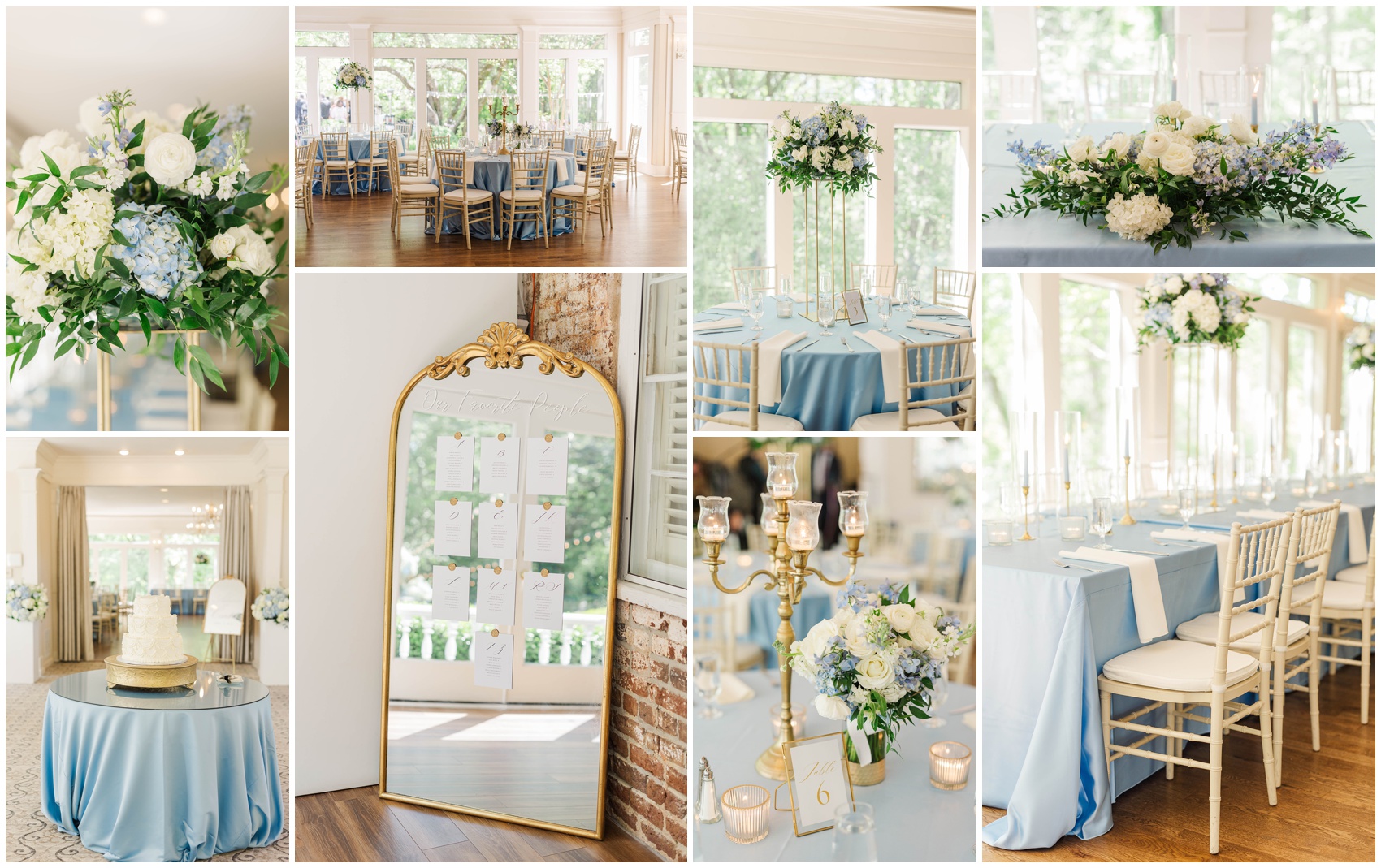 Details of a Primrose Cottage wedding reception with baby blue linen and white flowers