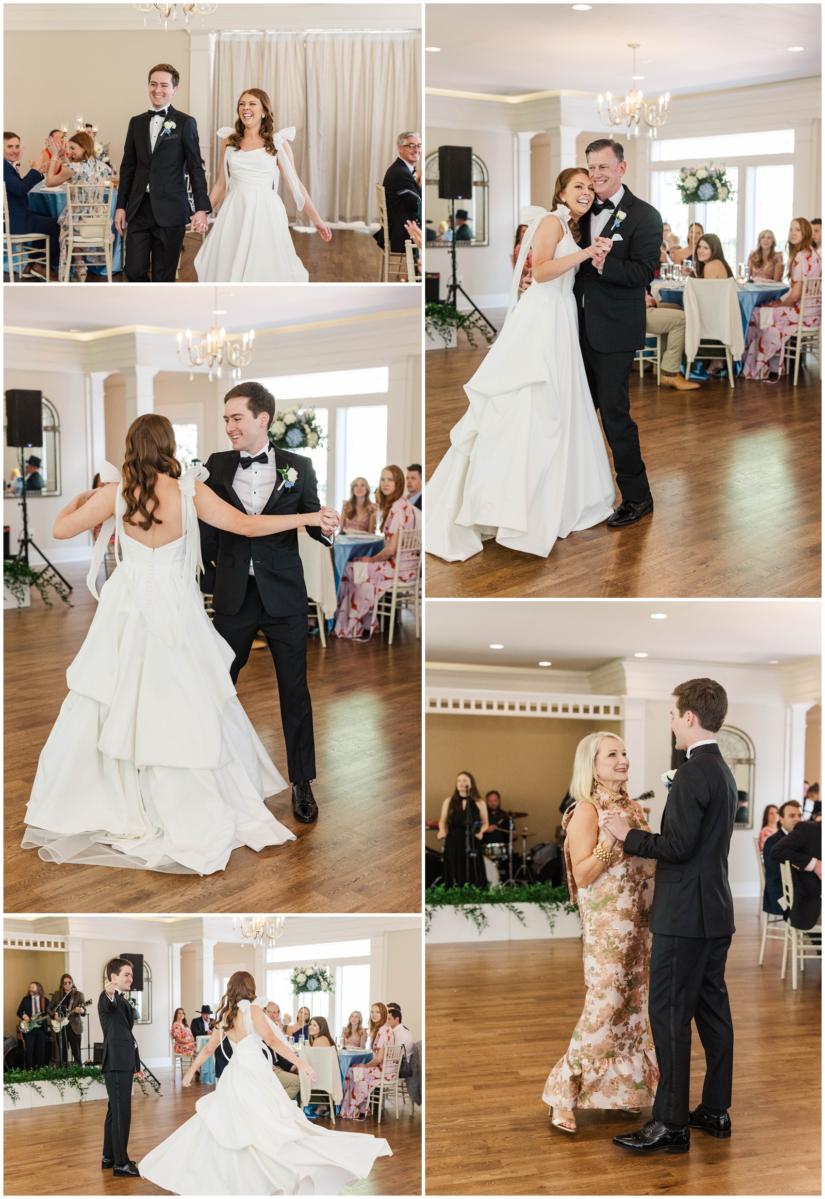 A collage of dances with the bride and groom to a live band at their Primrose Cottage wedding reception