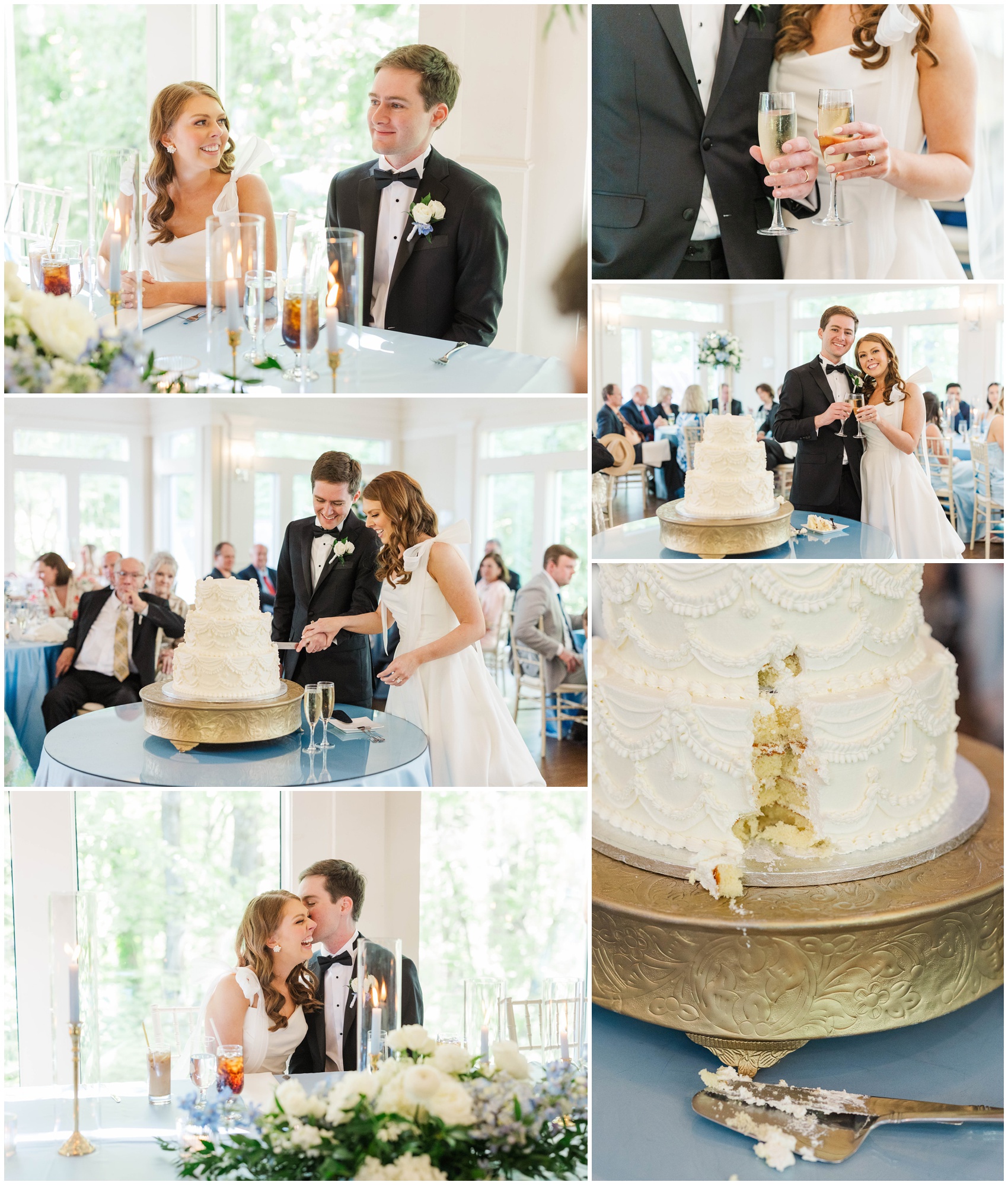 A collage of newlyweds cutting their cake and drinking champagne