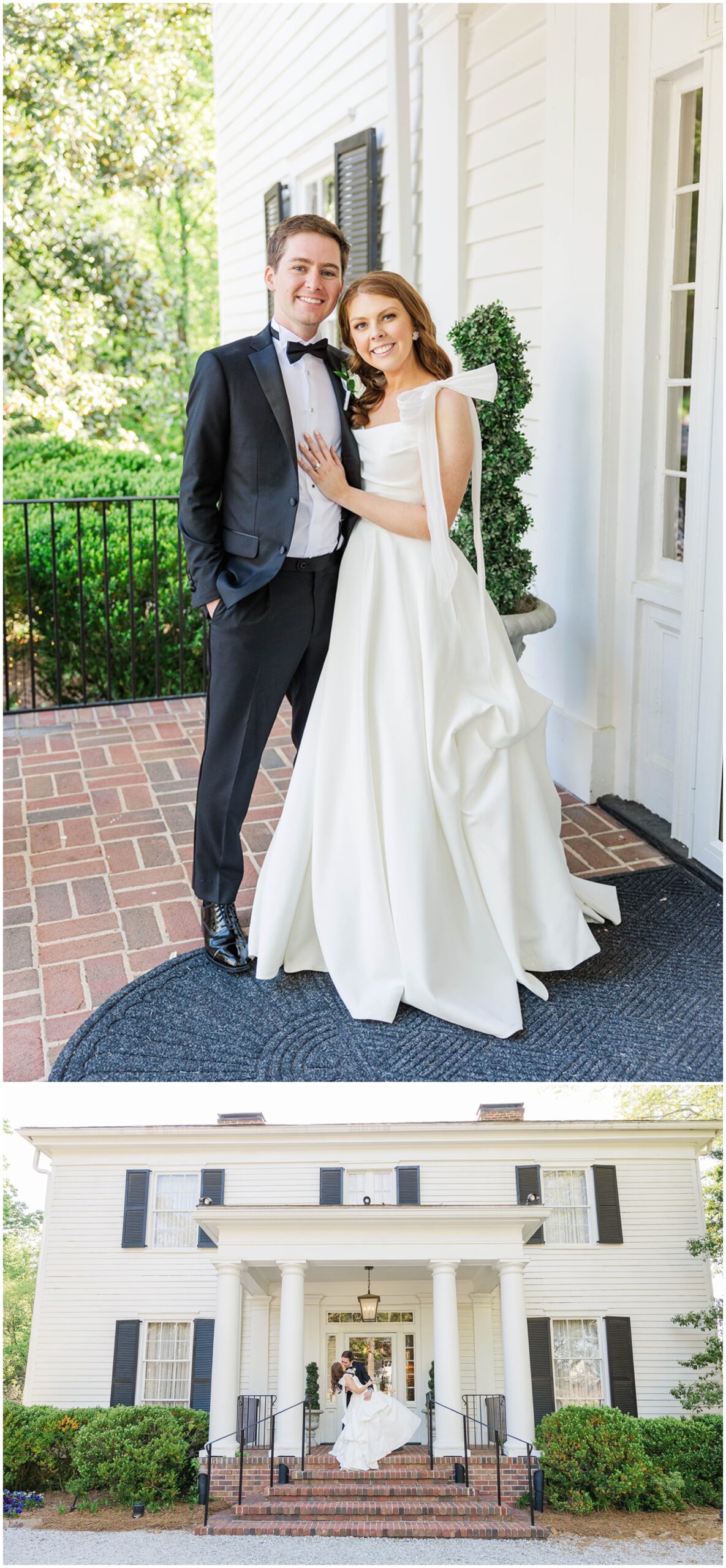 Newlyweds snuggle and kiss on the steps of the Primrose Cottage wedding venue