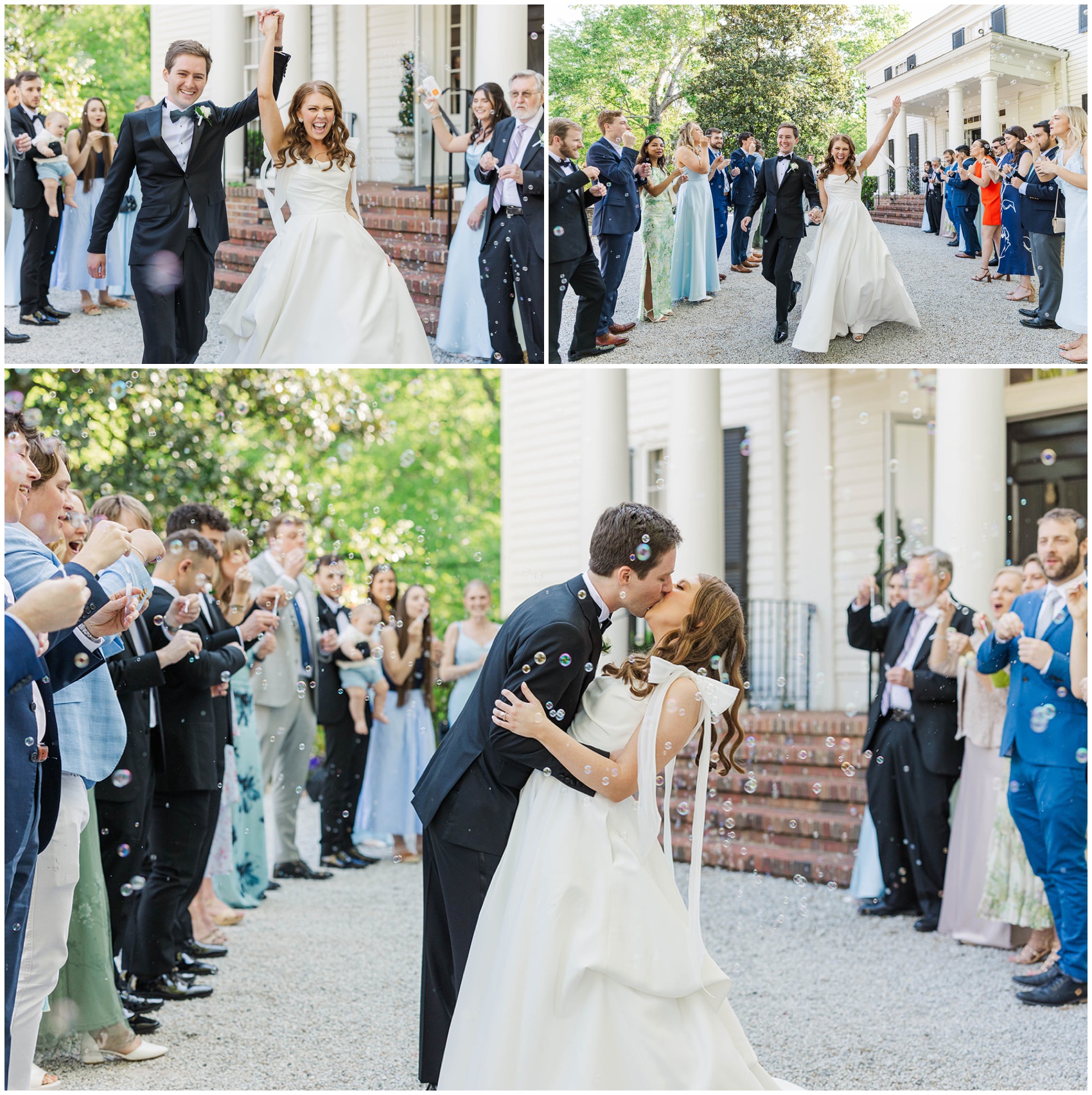 Guests blow bubbles over the new bride and groom as they exit their Primrose Cottage wedding