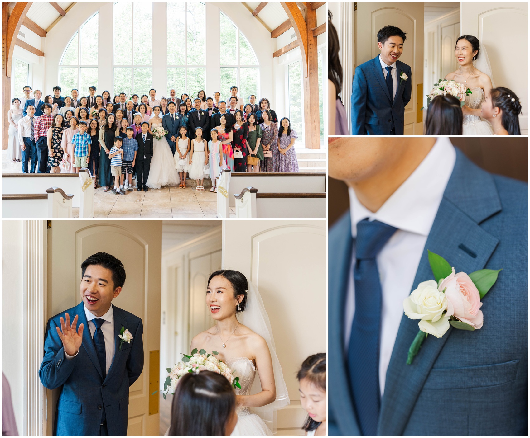 Newlyweds welcome guests to their wedding and stand with all the guests at the chapel altar