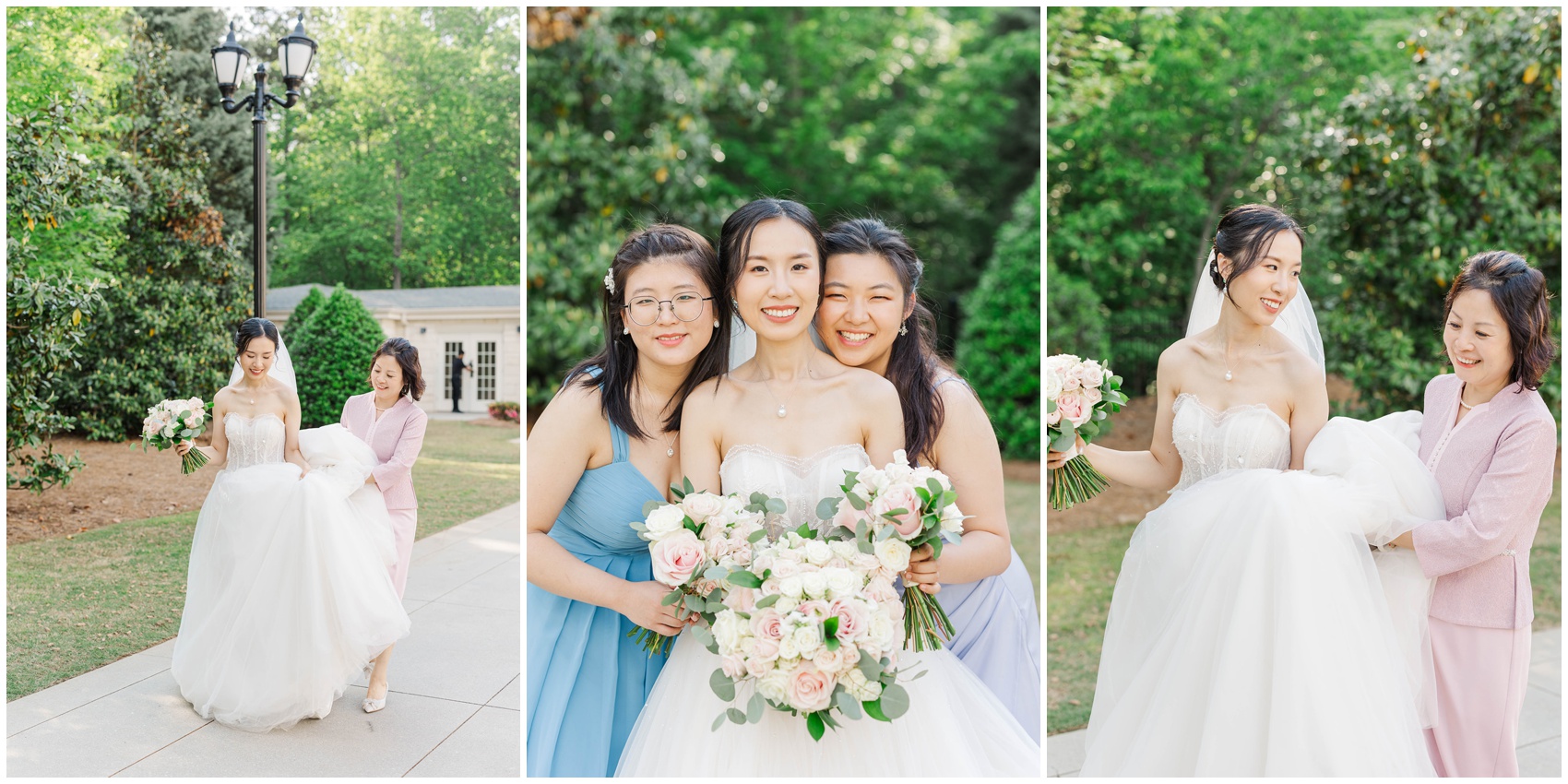 A bride smile with her bridesmaids in blue as her mom helps with her train at her Ashton Gardens Wedding