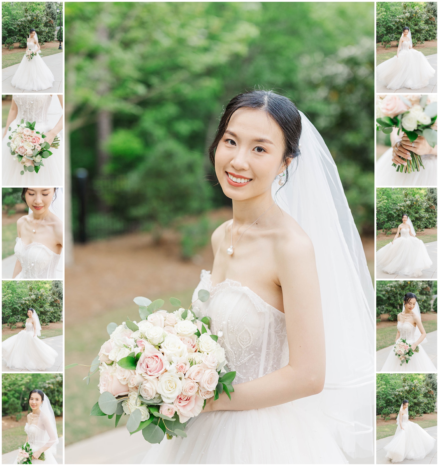A bride smiles while holding her white and pink bouquet on the sidewalk