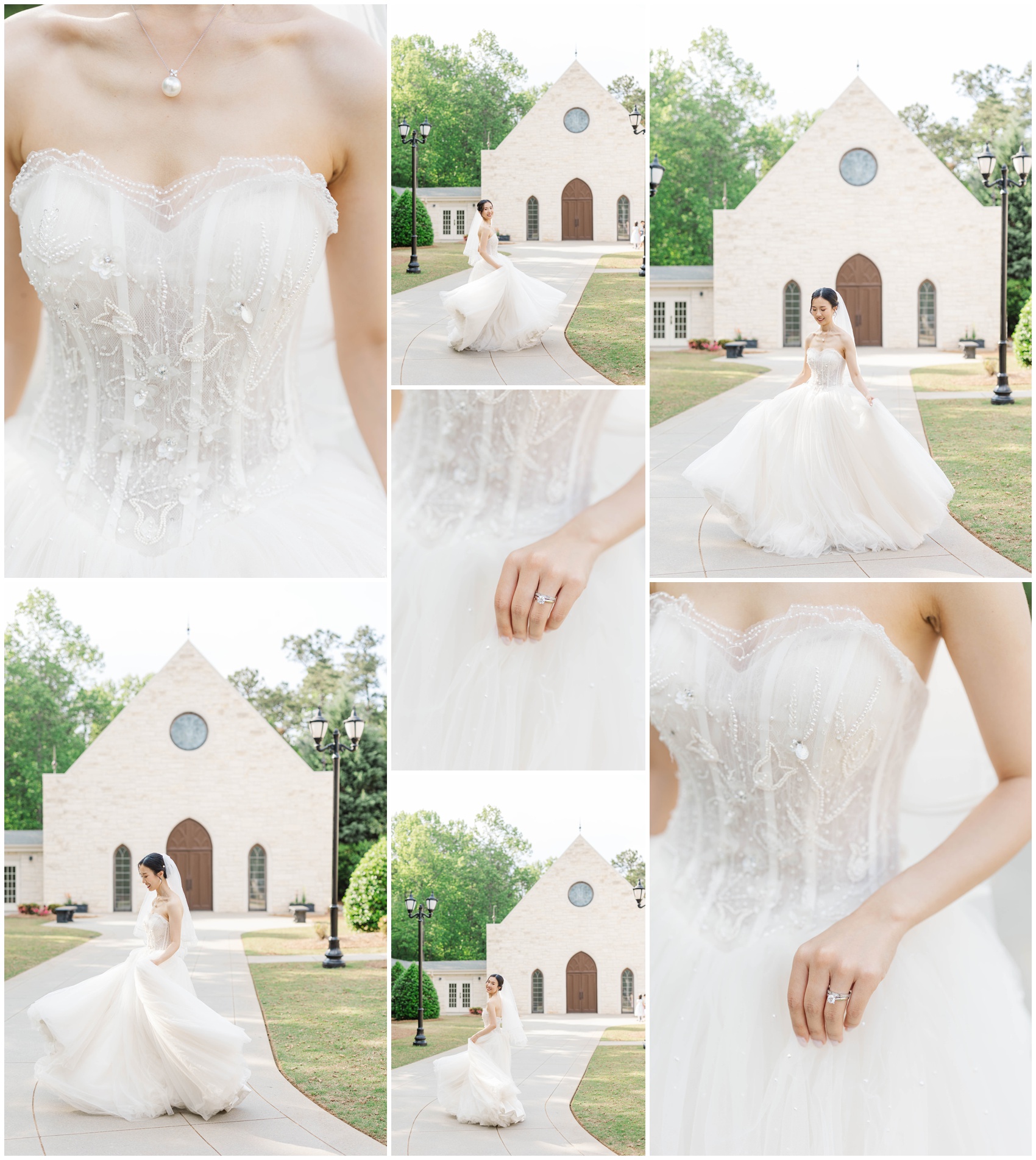 A bride twirls showing off her gown and rings in the sidewalk of the Ashton Gardens Wedding venue
