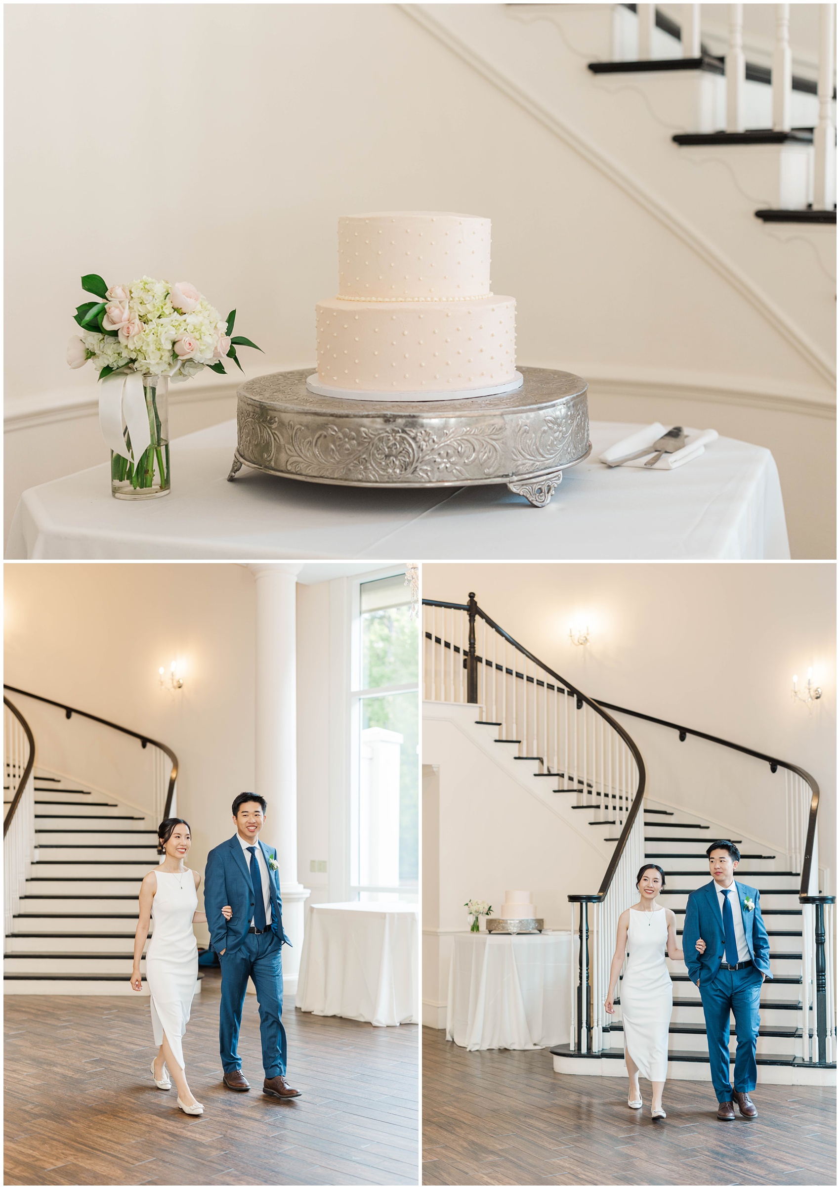 A bride and groom walk arm in arm to view their reception space and two tier cake