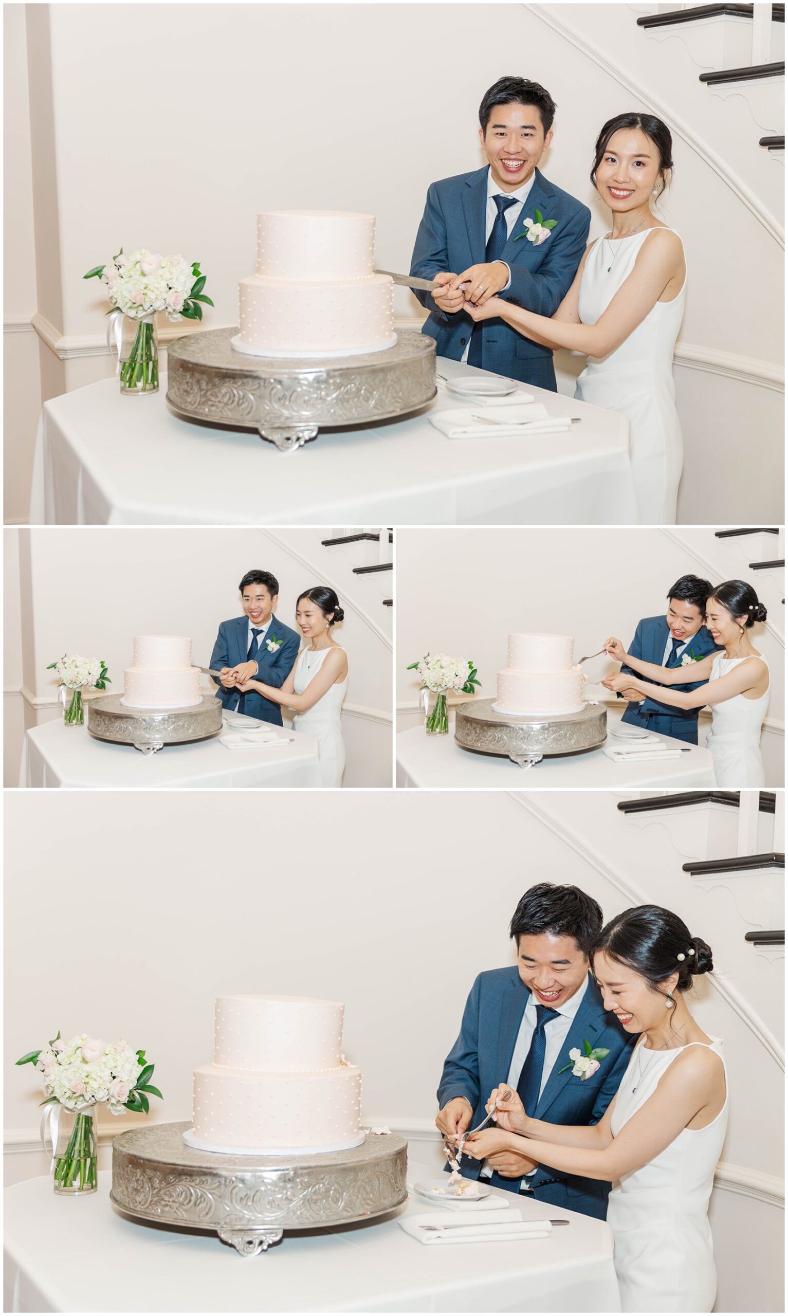 A bride and groom smile big while cutting their cake at their Ashton Gardens Wedding