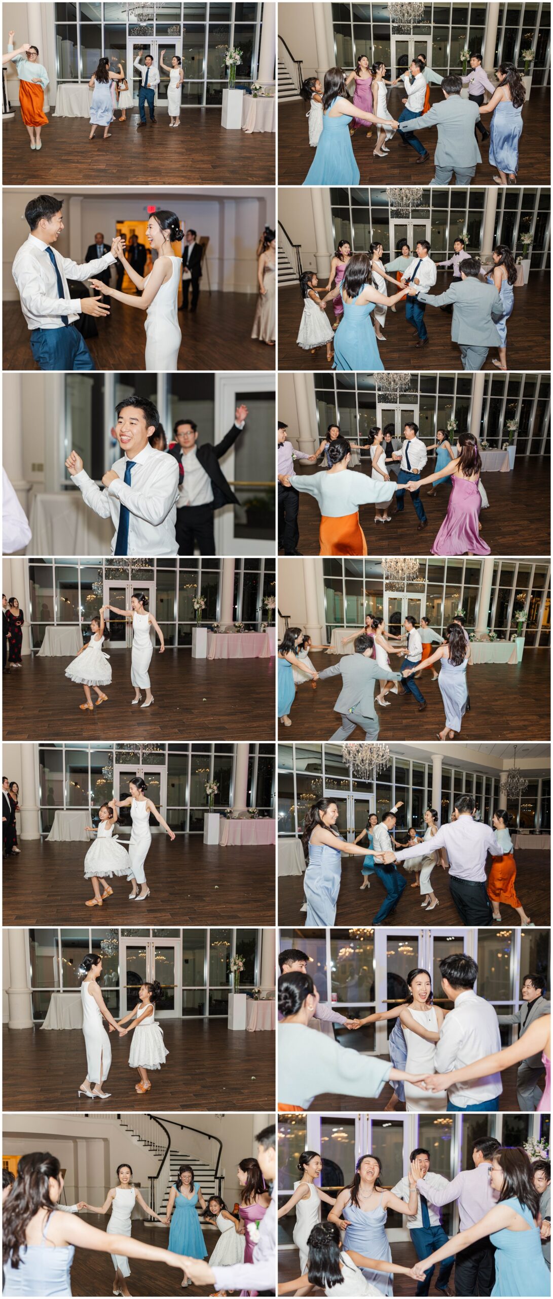 A collage of images of people dancing during a joyful wedding ceremony
