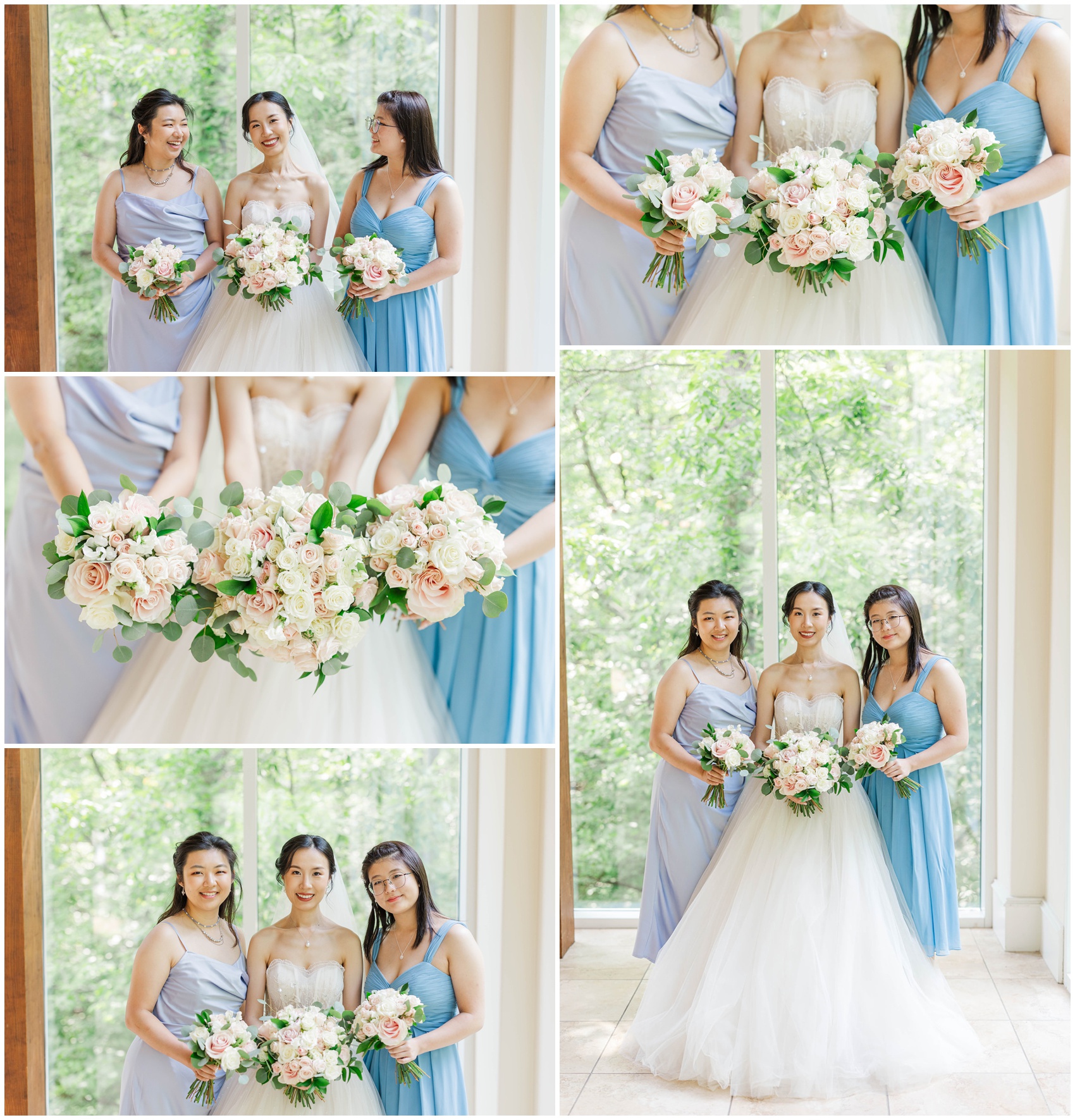 A bride smiles while standing with her two bridesmaids in blue holding white and pink bouquets