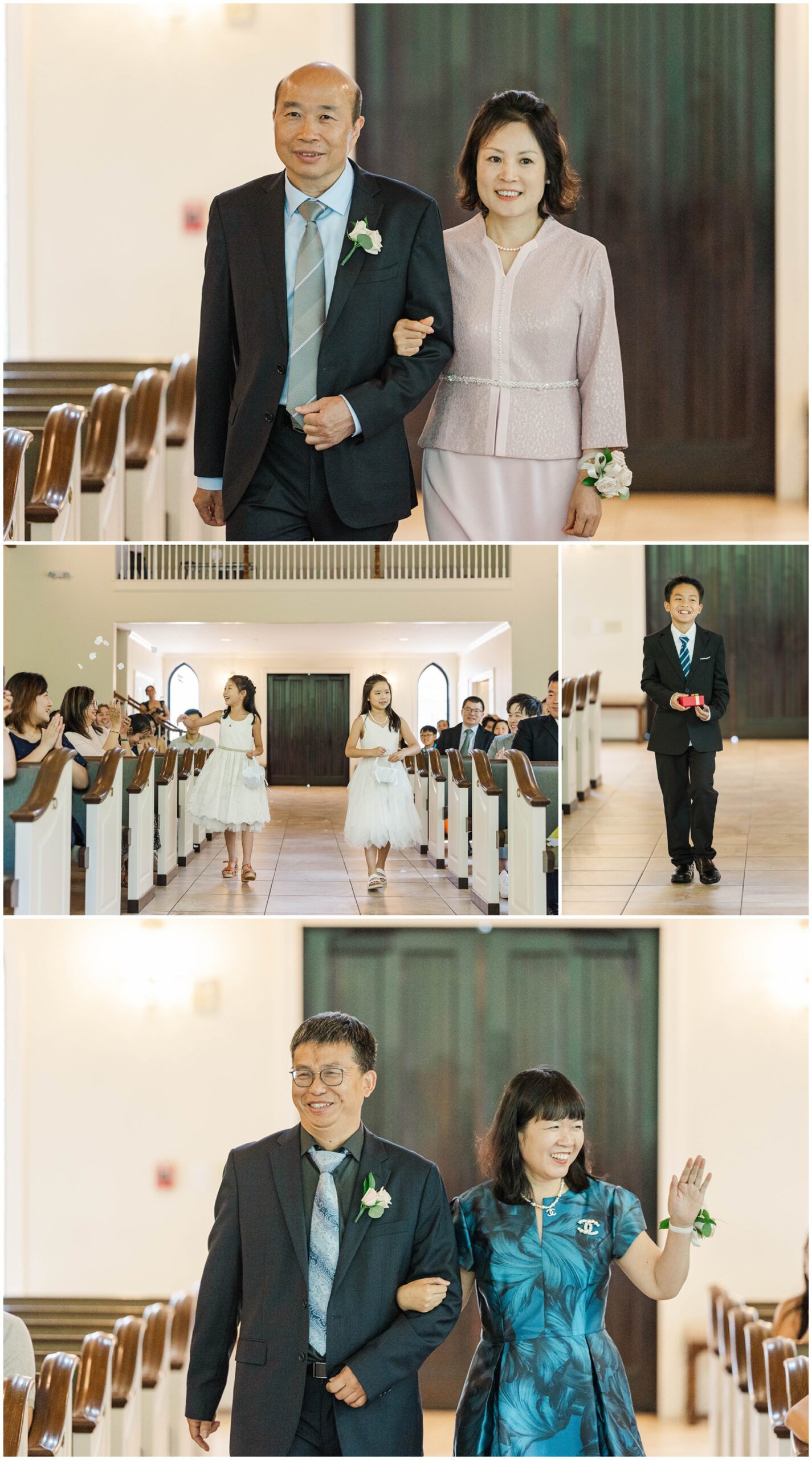 The wedding party with ring bearer and flower girls walk down the chapel aisle