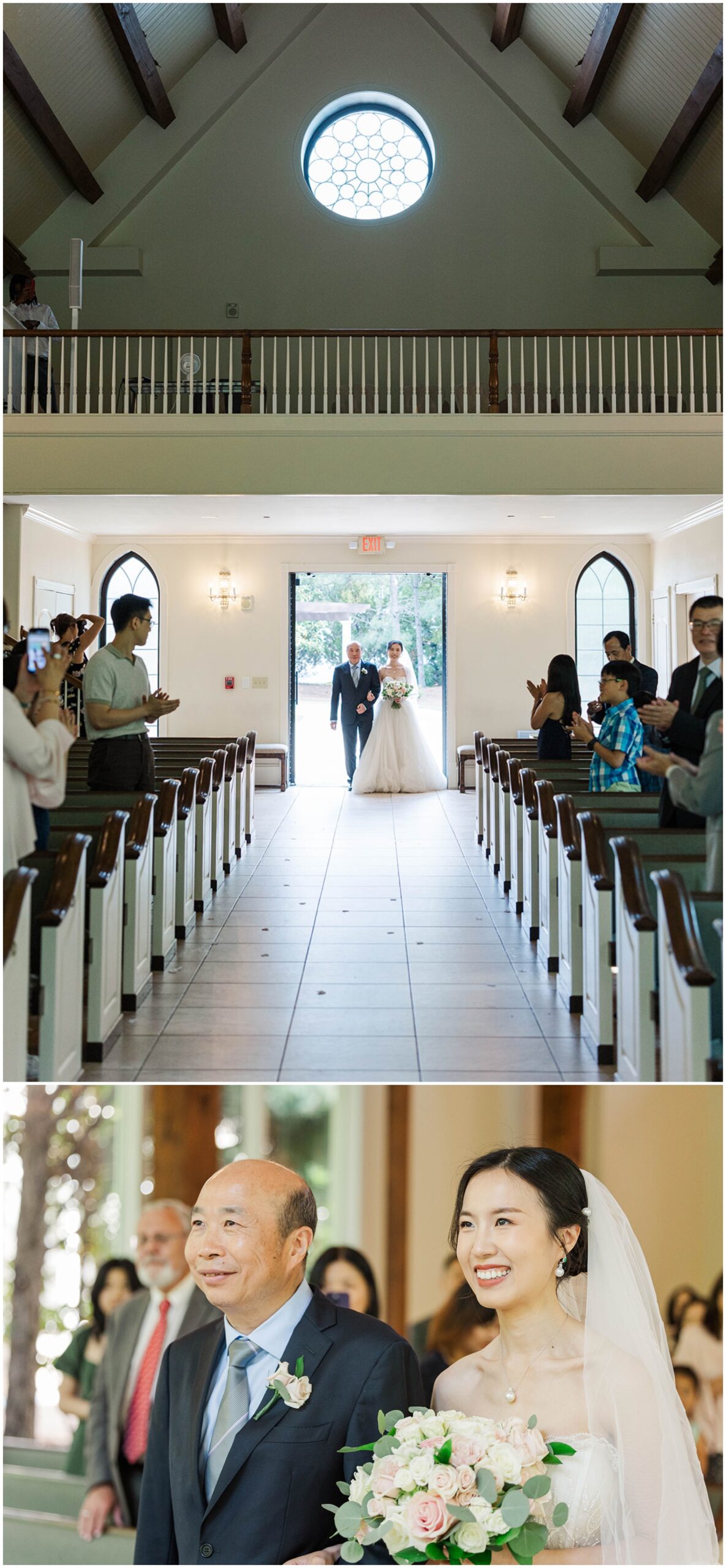 A bride enters and walks down the chapel aisle with her father