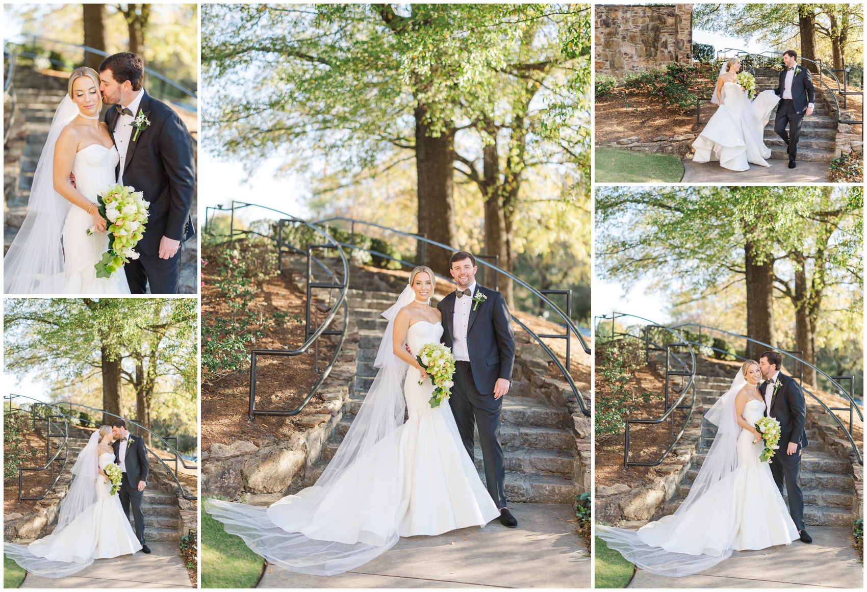 A collage of images of newlyweds walksing and kissing on the stone garden stairs of their wedding venue