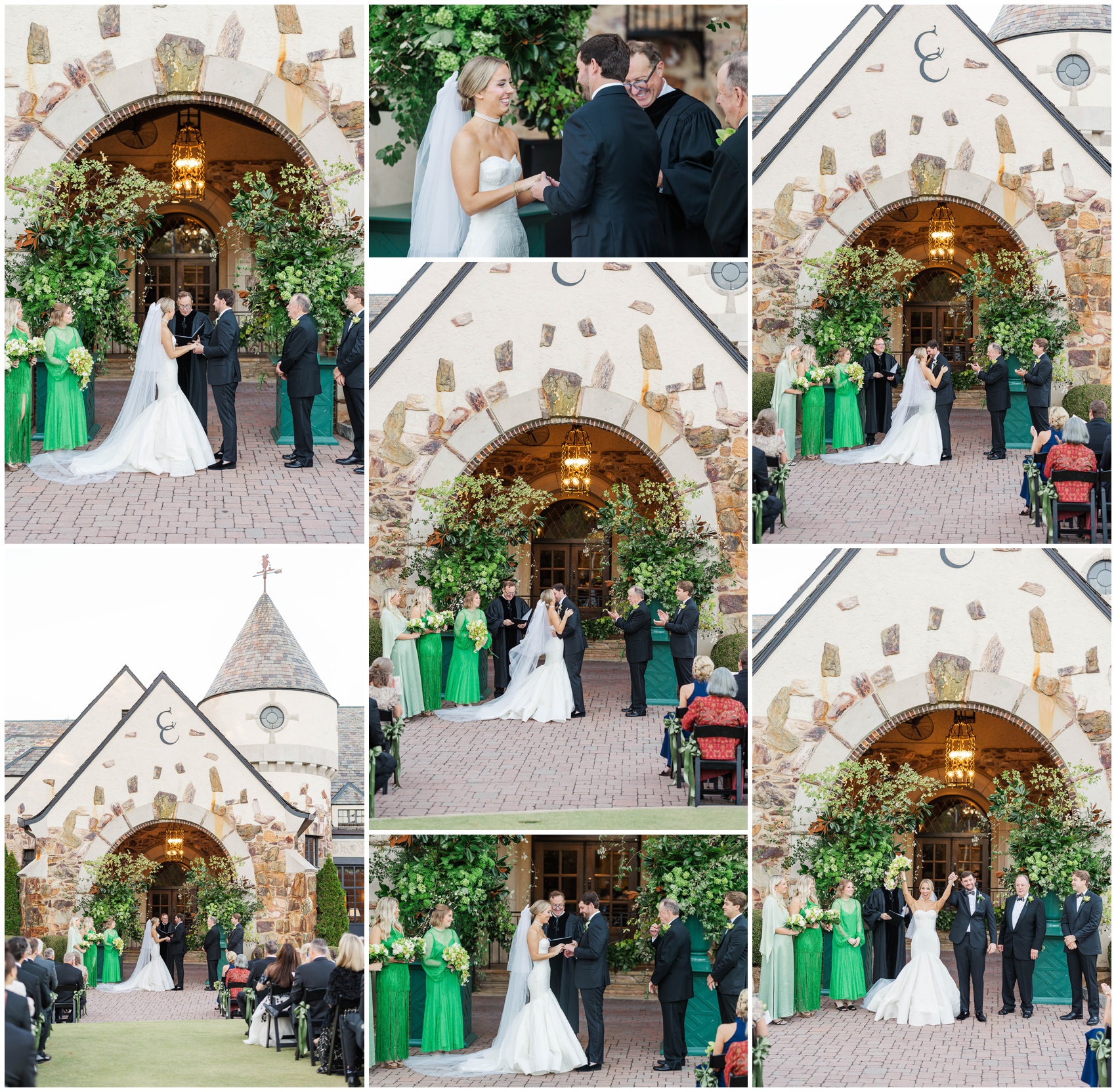 A collage from a wedding ceremony outside the arch entrance at the Capital City Country Club Atlanta